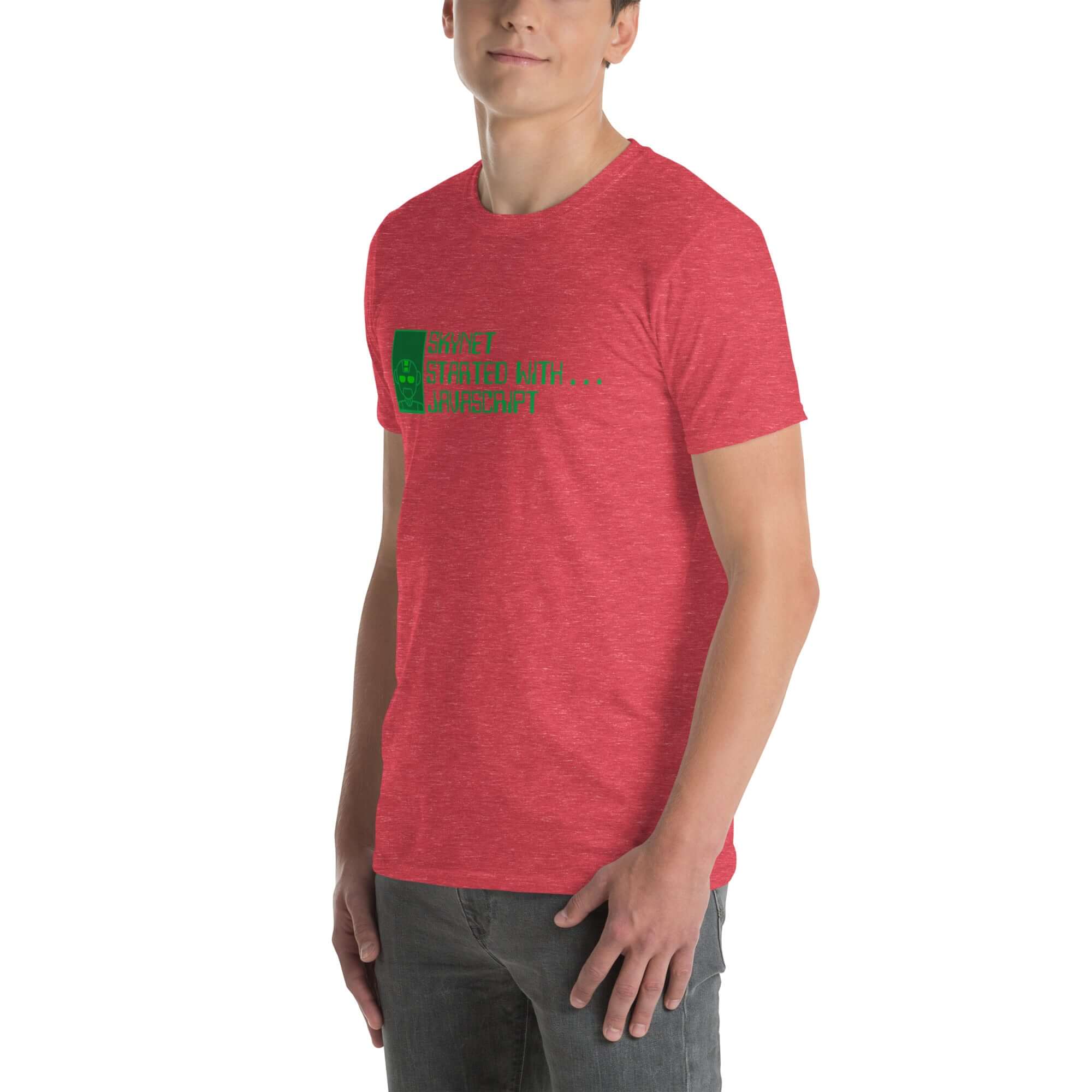 Red Skynet Started With JavaScript T-Shirt featuring AI programming humor, perfect for tech enthusiasts and developers.