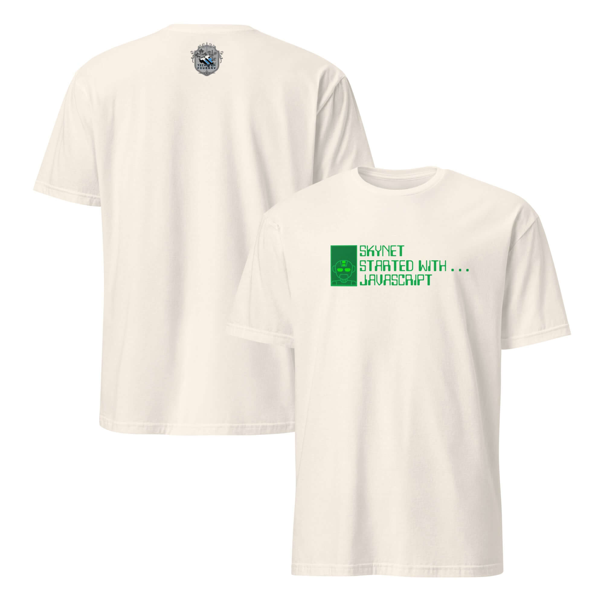 Skynet Started With JavaScript T-Shirt featuring AI programming humor design suitable for developers.