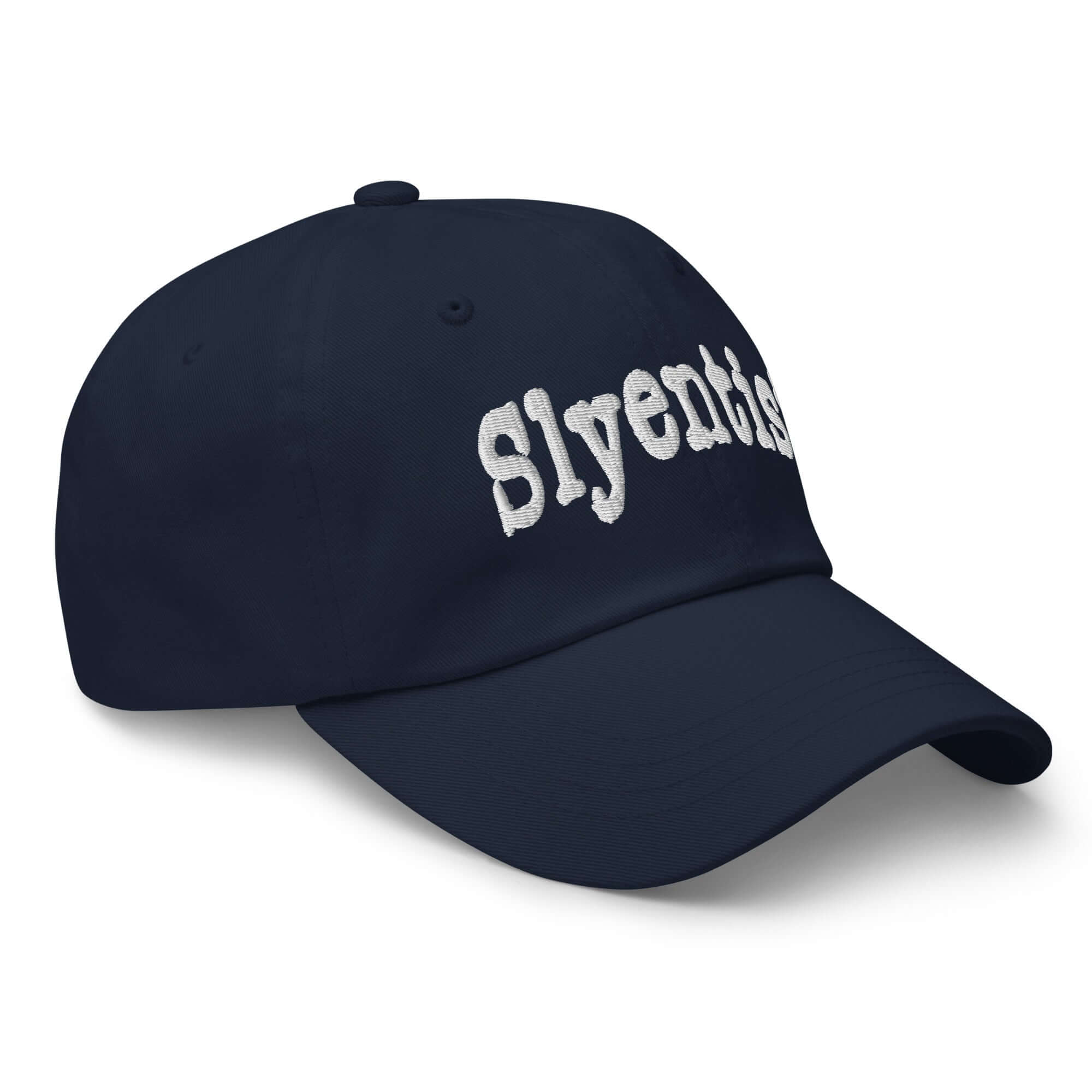 Slyentist baseball cap for science professionals, navy with white embroidery, combines style and scientific spirit, great for academics.