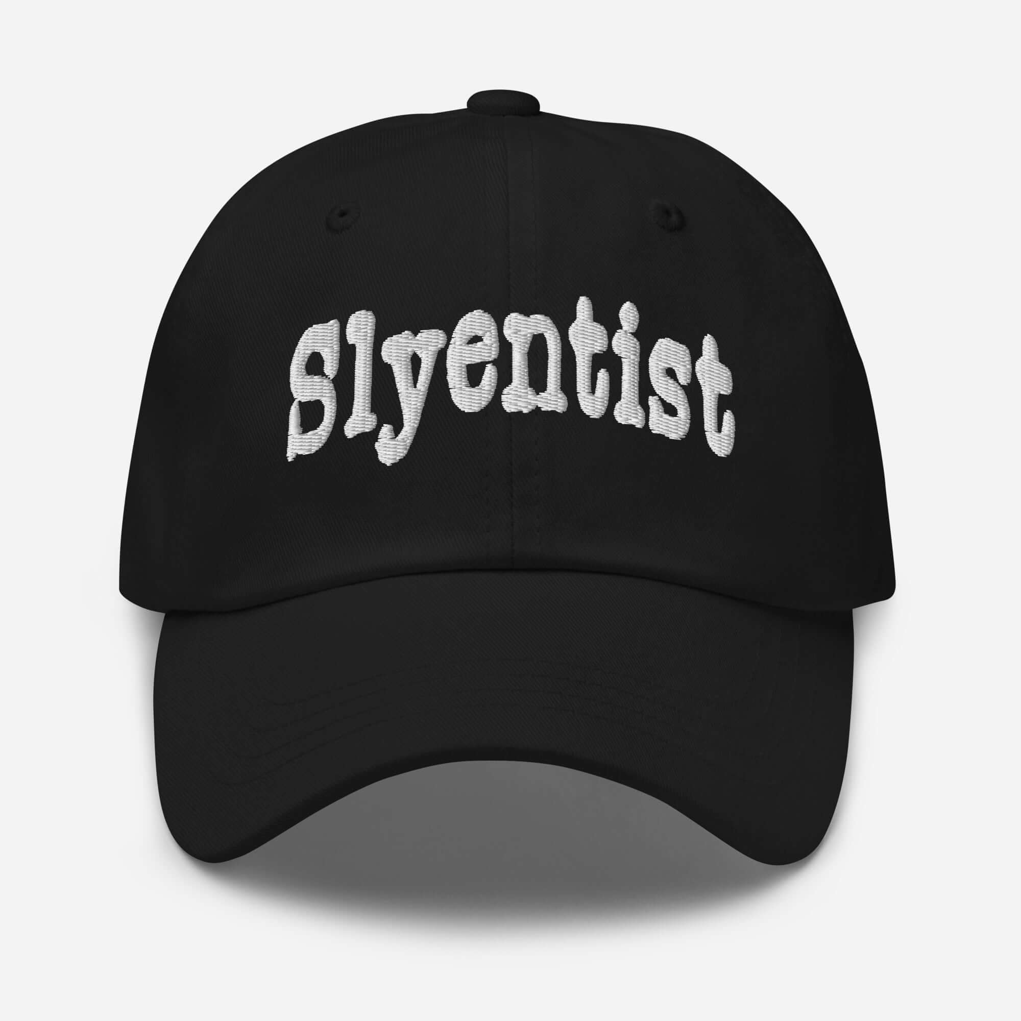 Black "Slyentist" baseball cap for science professionals, featuring bold white text and playful design.