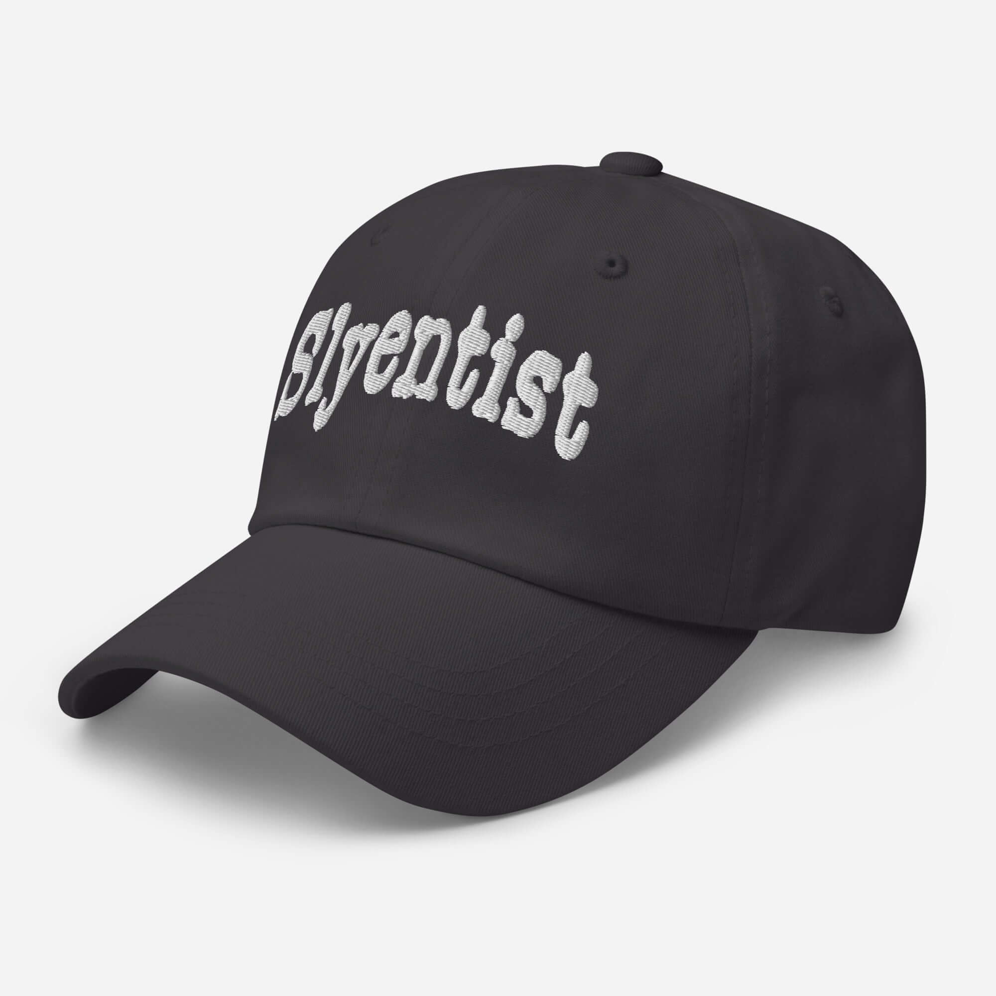Slyentist baseball cap for science professionals, featuring playful academic design on a sleek black hat.