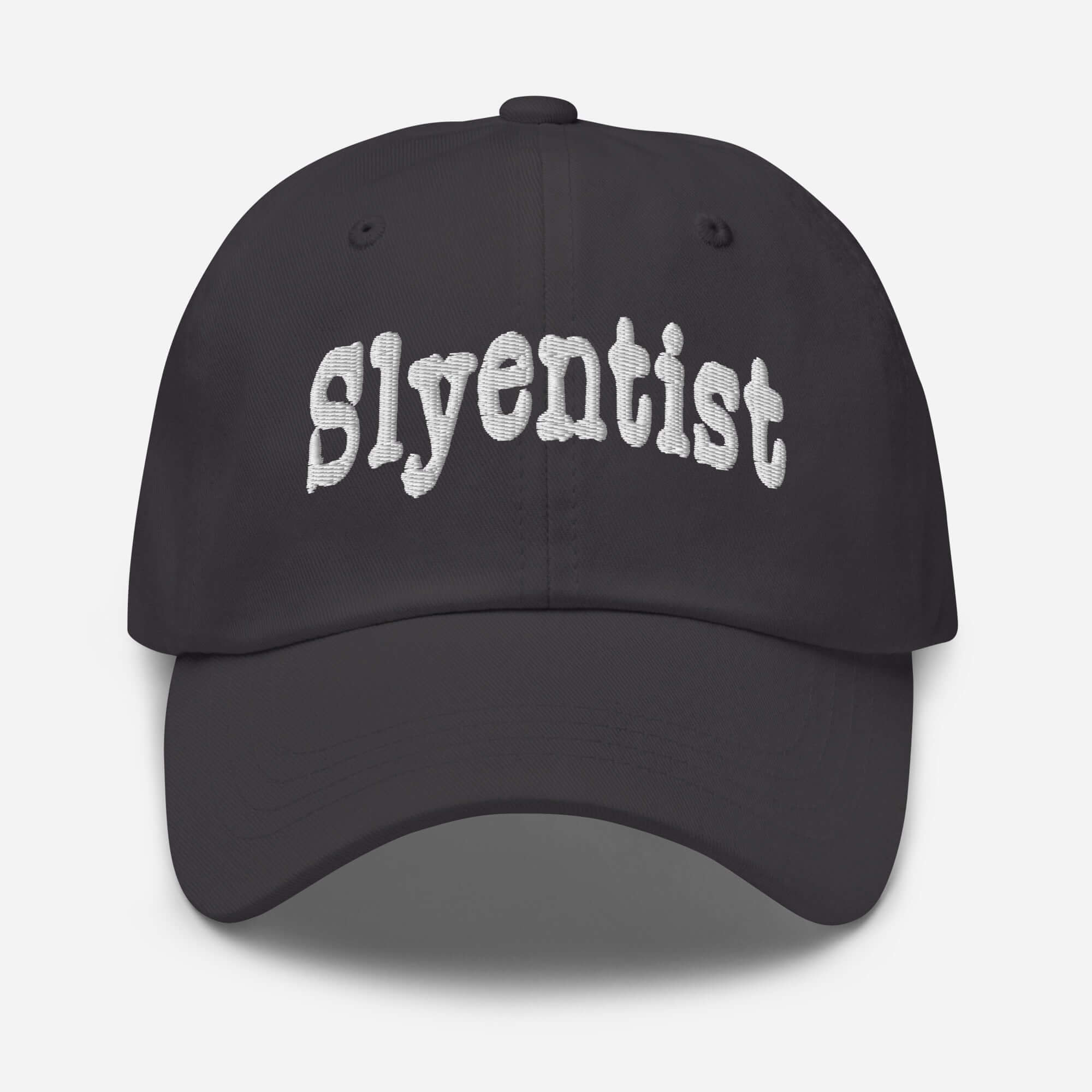 Slyentist baseball cap in black with white lettering for science professionals.