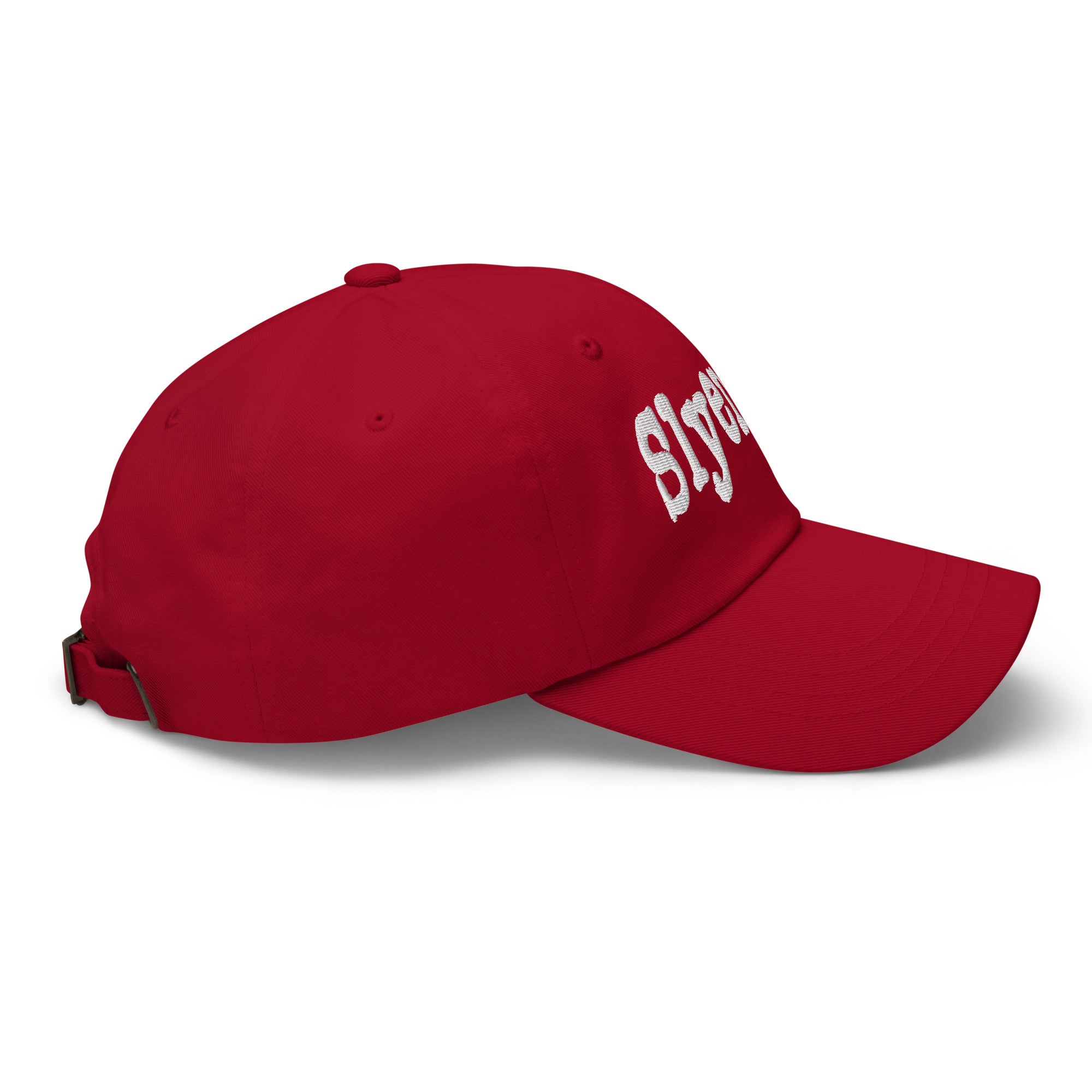 Red Slyentist baseball cap featuring bold white text, ideal for scientific professionals with a flair for fun and creativity.