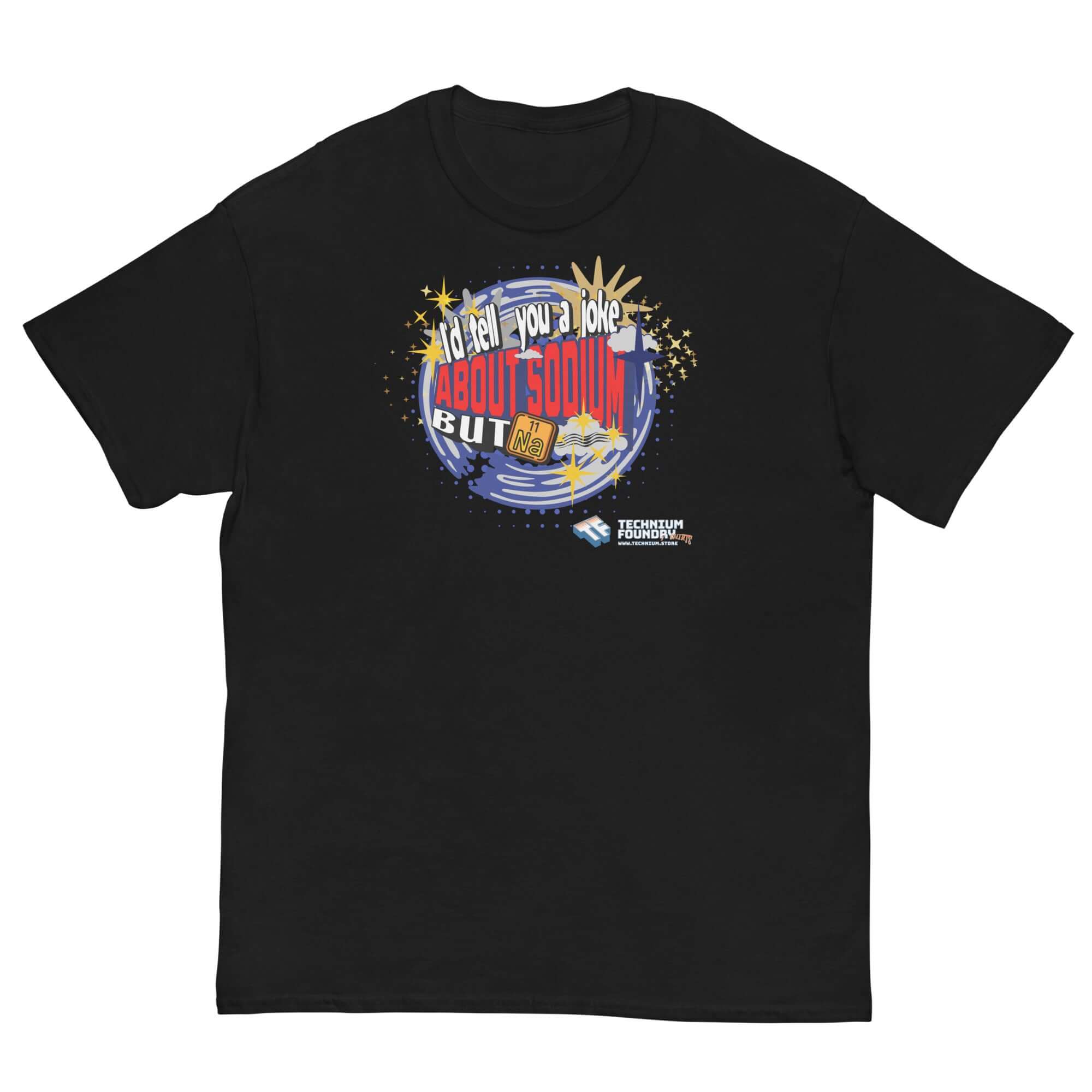 Black t-shirt with sodium chemistry joke graphic and periodic table elements, perfect for science lovers and chemistry nerds.