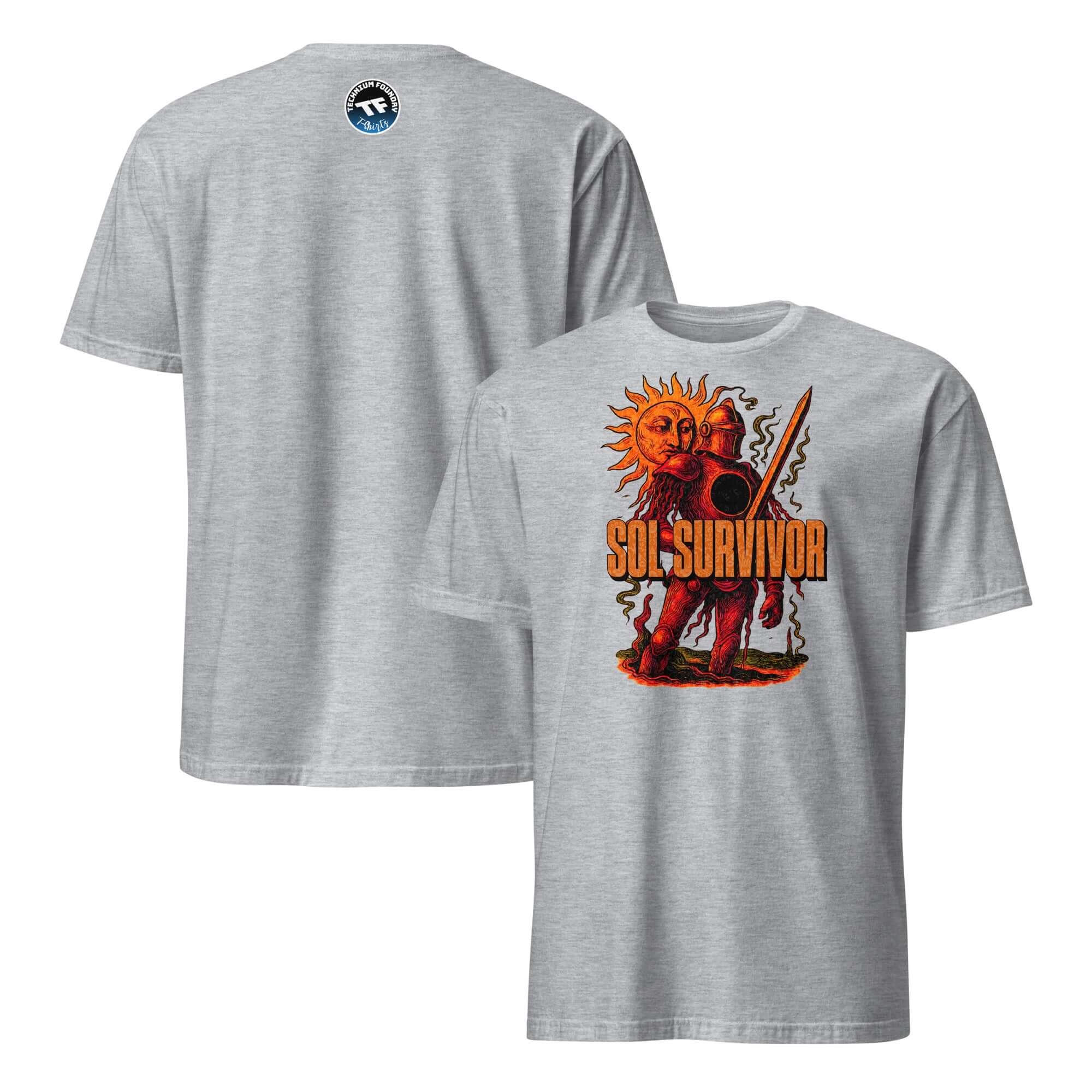 Solar Warrior gear "Sol Survivor" t-shirt with medieval armor and sword design, celebrating 4.6 billion years of cosmic endurance.