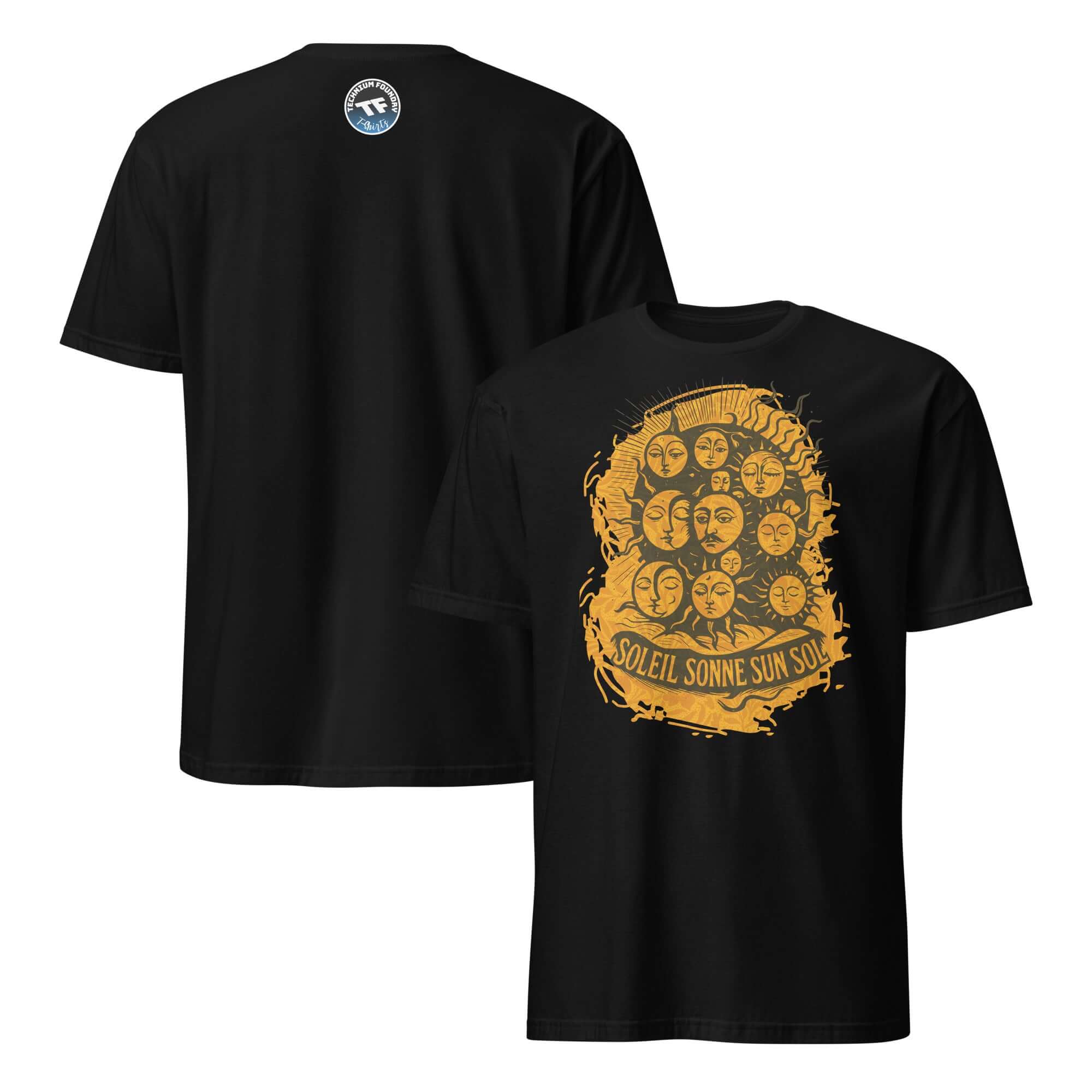 Black T-shirt featuring "SOLEIL SONNE SUN SOL" design; celebrates international sun worship with artistic sun motif.