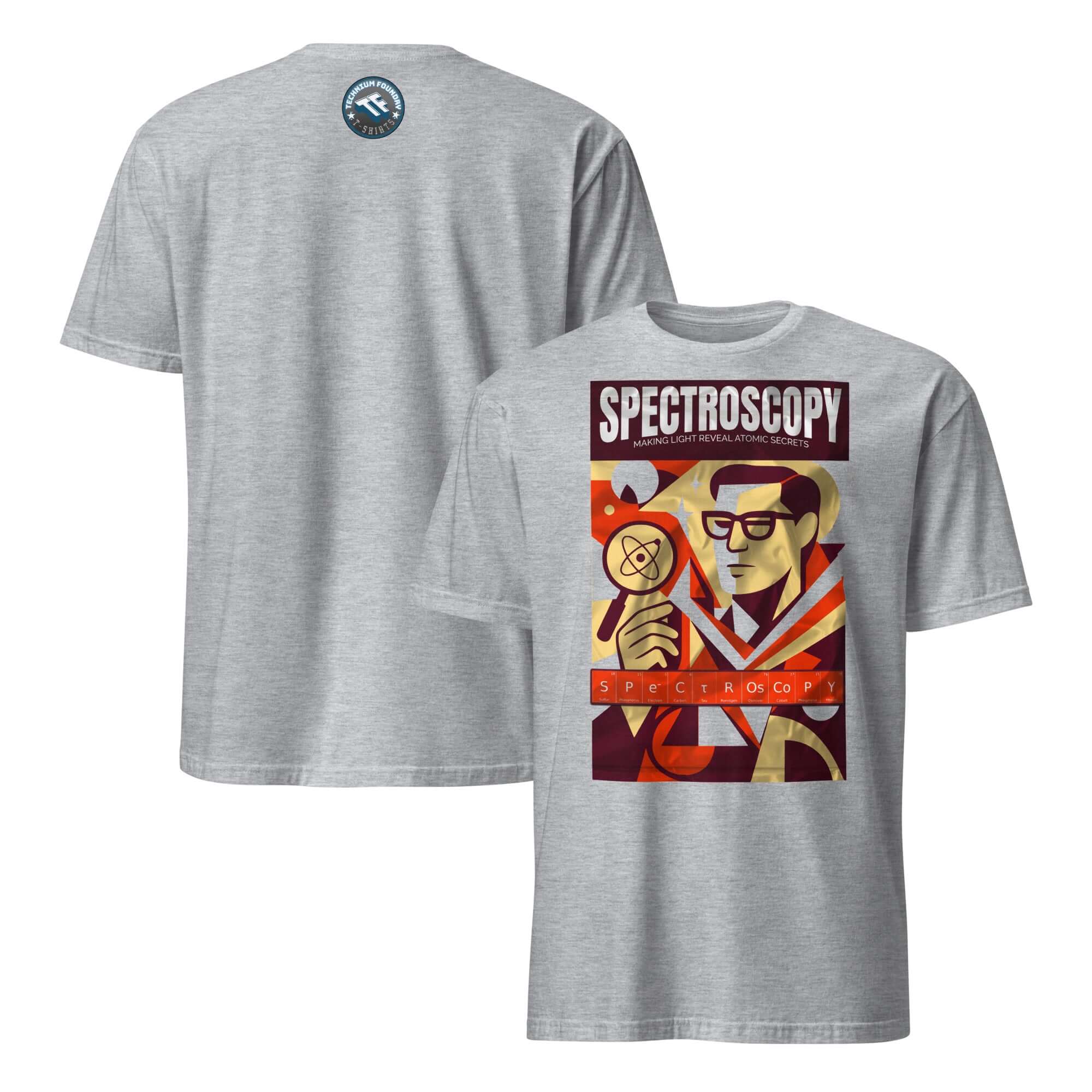 Spectroscopy T-Shirt showcasing vintage detective art, highlighting light's role in uncovering atomic secrets, front and back view.