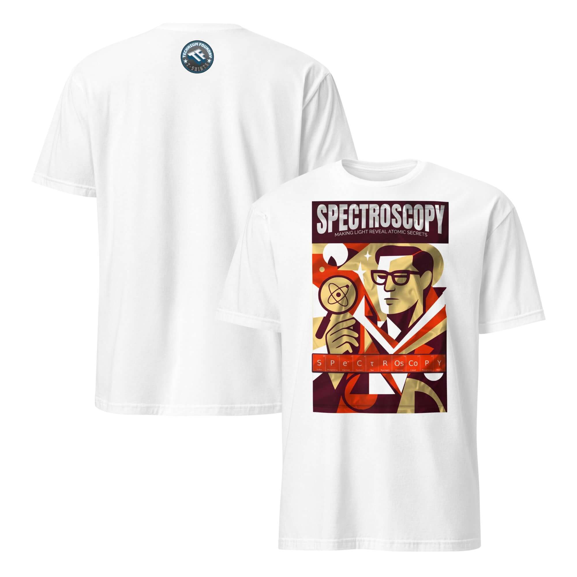 Vintage Spectroscopy T-Shirt with noir-inspired design, featuring light investigator and prisms, celebrating atomic secrets.