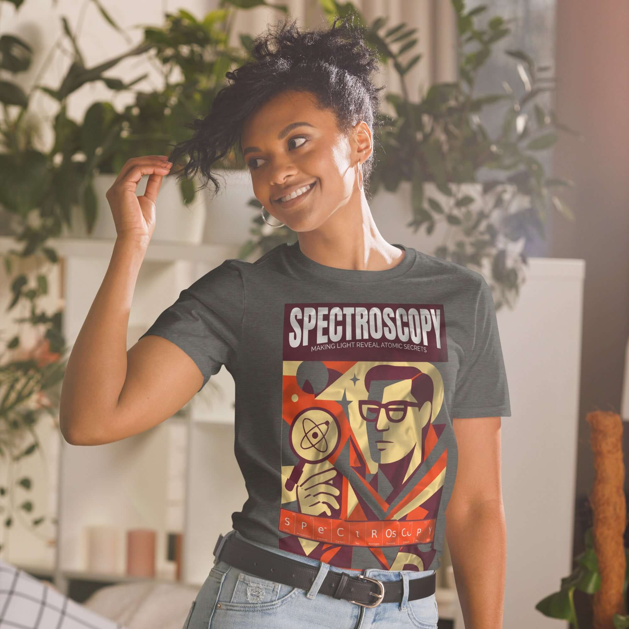 Woman wearing vintage Spectroscopy T-Shirt celebrating light's atomic secrets, featuring noir-inspired photonic investigator design.