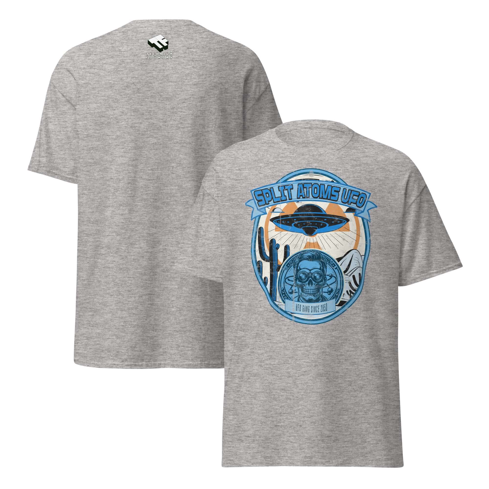 Split Atoms UFO Gang T-Shirt featuring a retro alien flying saucer over a desert landscape in Nevada, futuristic apparel.