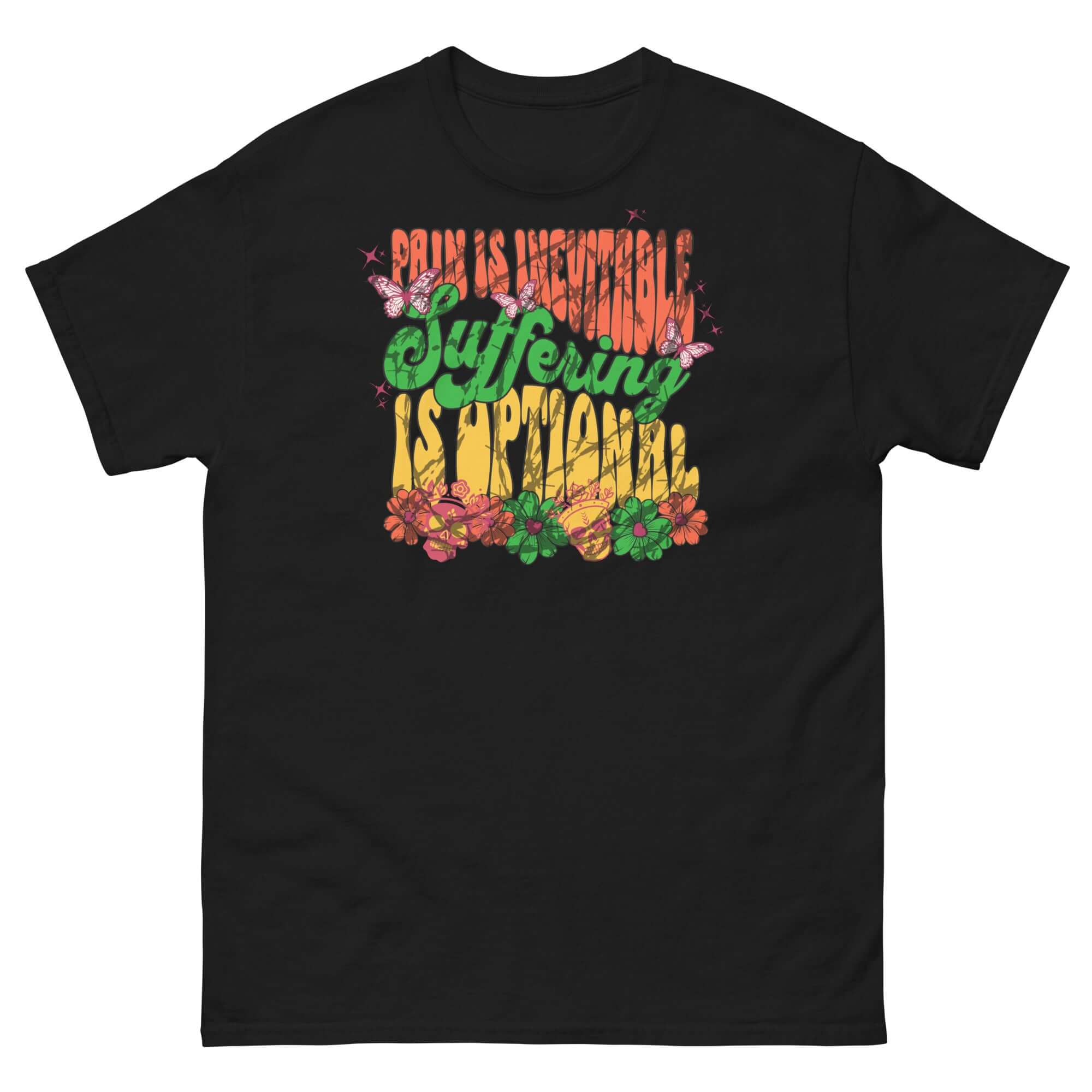 Vibrant Stoic Philosophy T-shirt with 'Pain is Inevitable, Suffering is Optional' graphic, features psychedelic street art design.