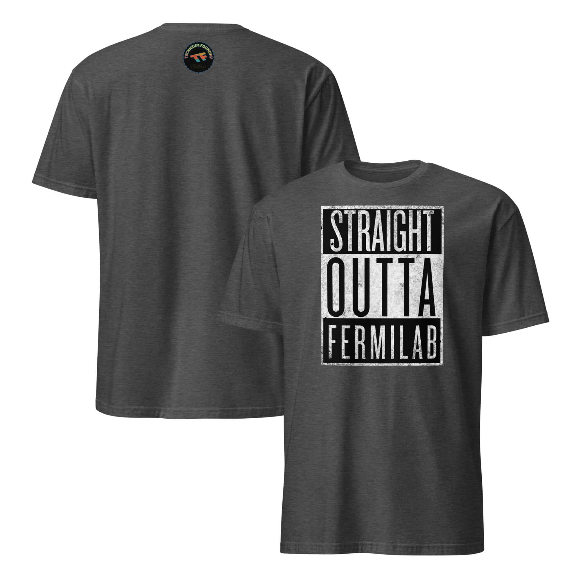 "Straight Outta Fermilab" T-shirt featuring particle physics theme with bold hip-hop typography on a black tee.