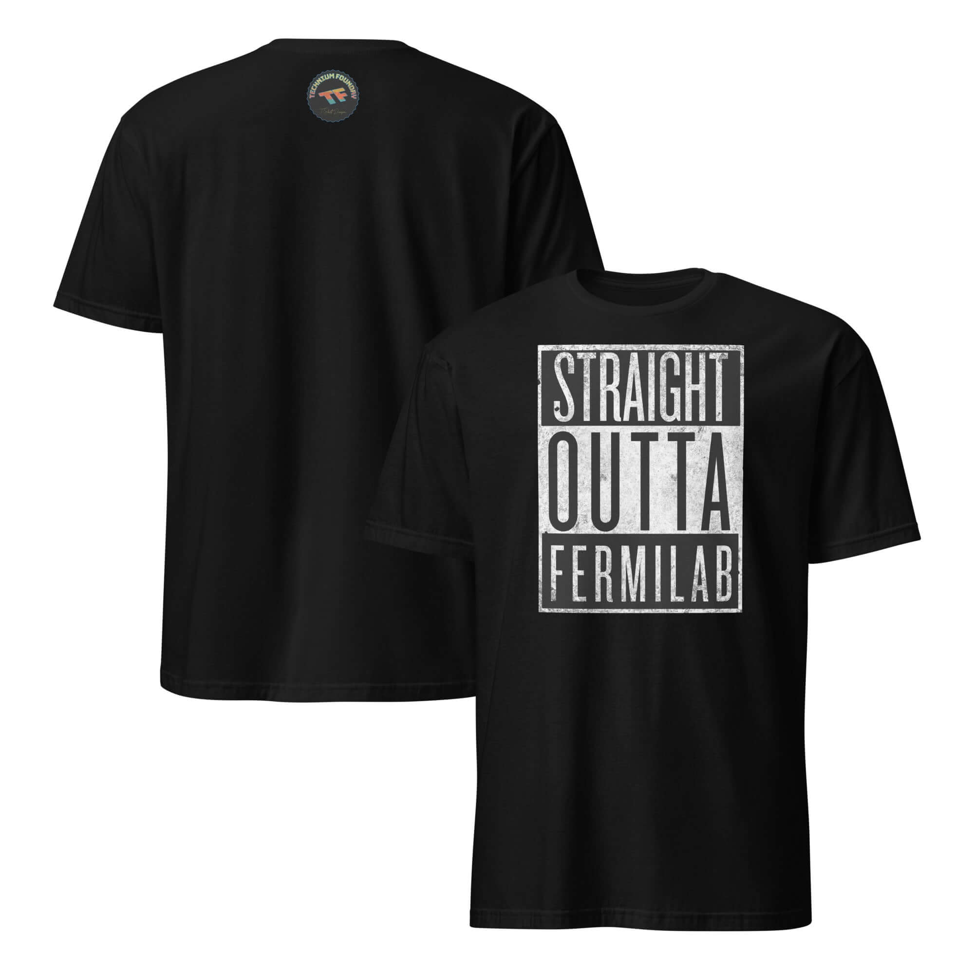 Straight Outta Fermilab T-Shirt featuring particle physics hip-hop design, black with bold typography on the back