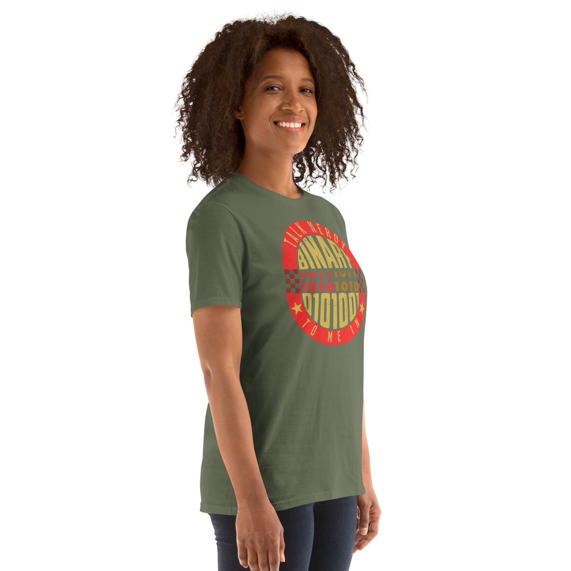 Person wearing 'Talk Nerdy To Me In Binary' T-shirt with red badge design, ideal for programmers and fans of witty computer humor.