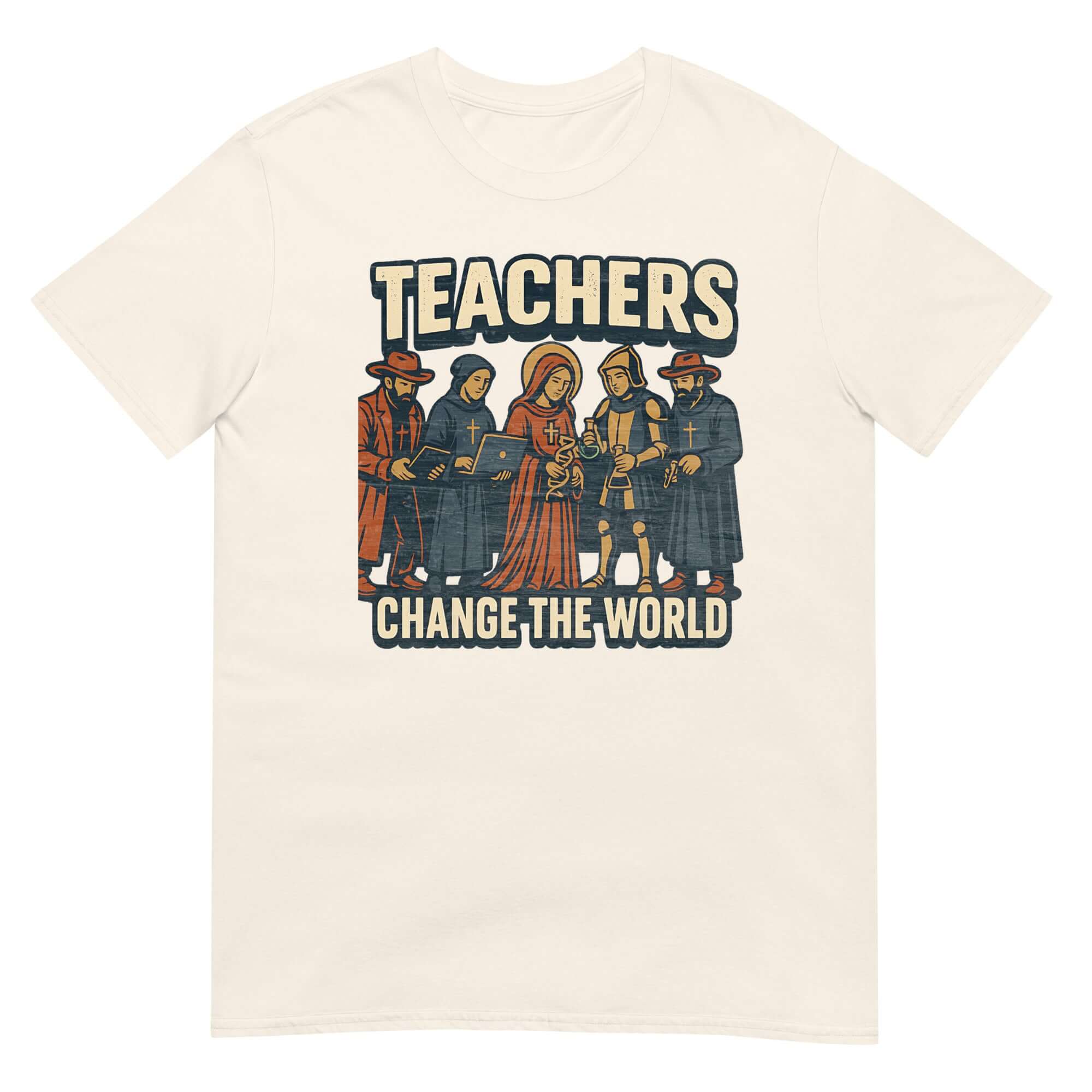 "Teachers Change the World" t-shirt featuring medieval educators illustration, celebrating historical education heroes.
