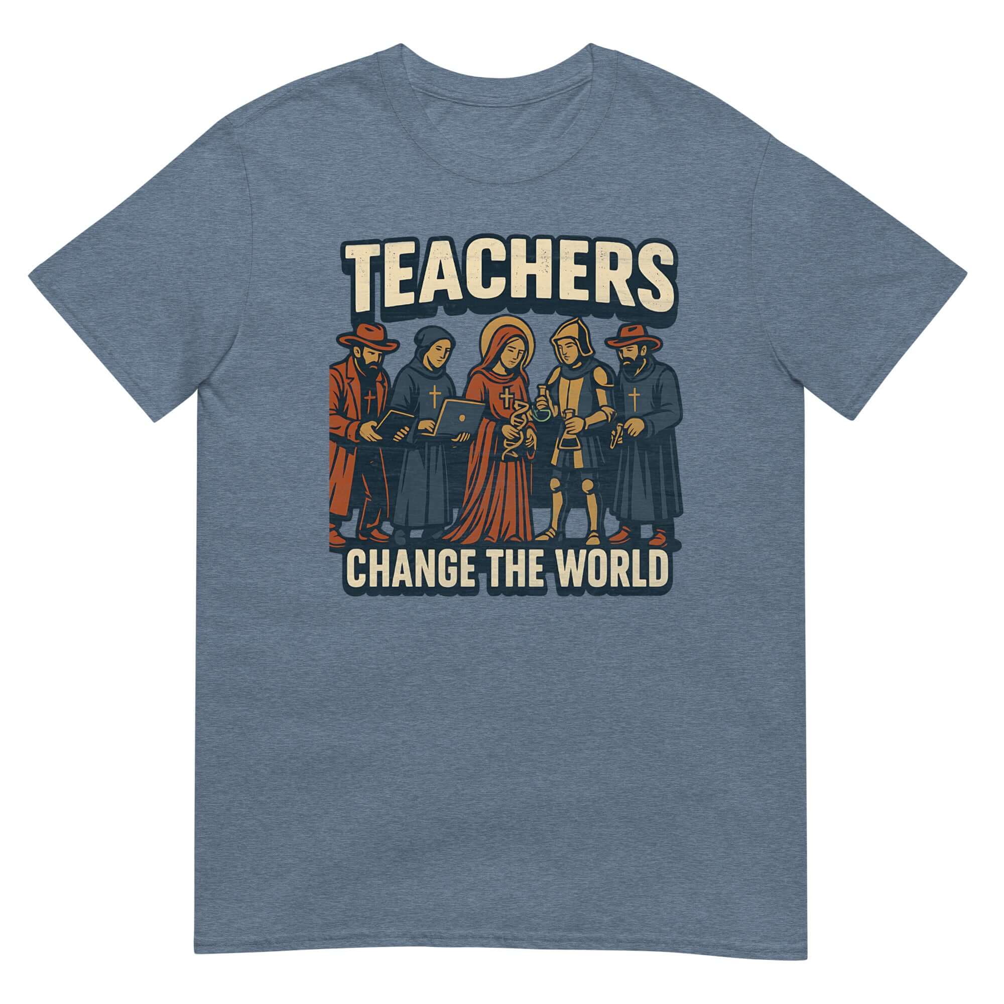Blue T-shirt featuring 'Teachers Change the World' with medieval educators illustration, celebrating historical education heroes.