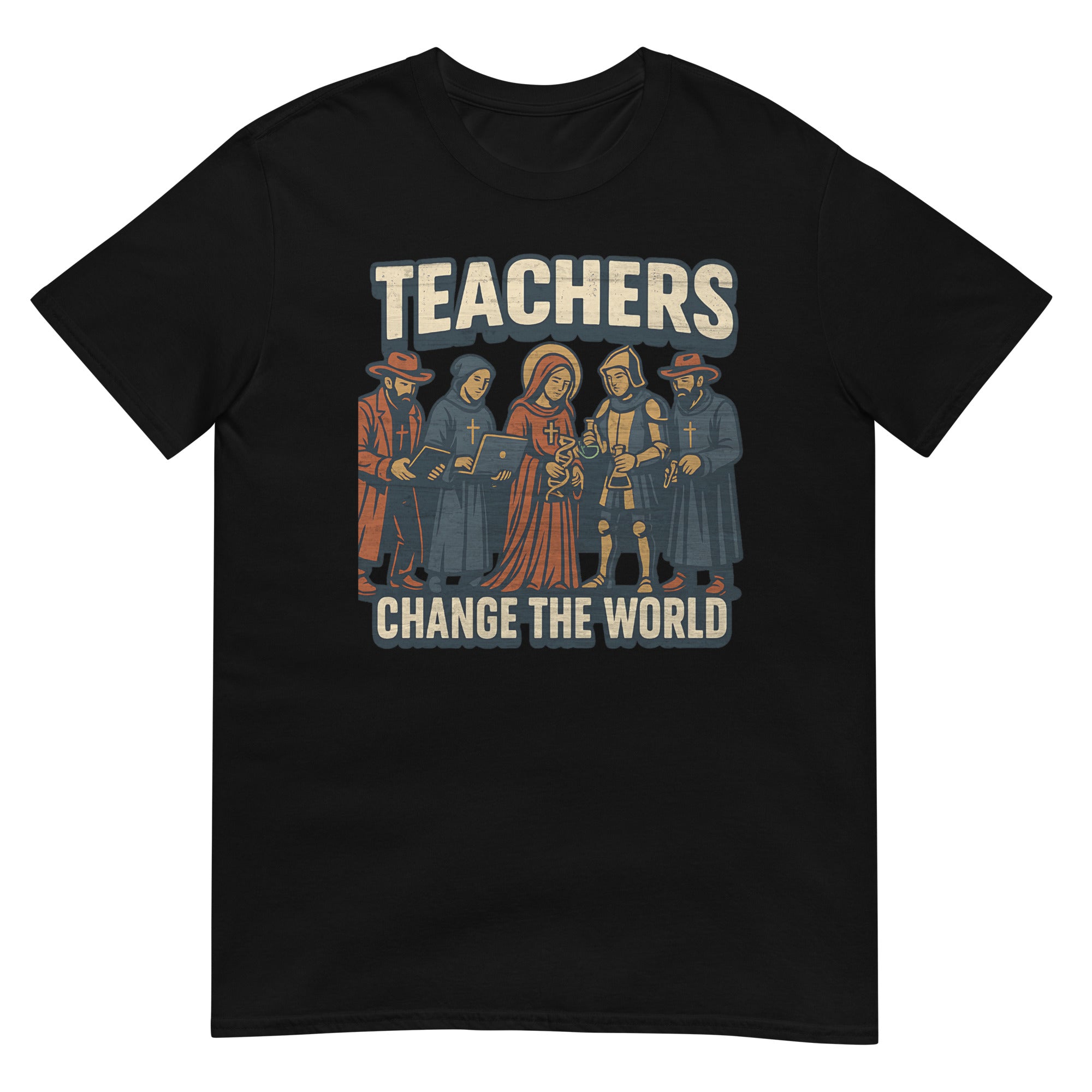 Black t-shirt featuring medieval educators with 'Teachers Change the World' slogan, honoring historical education heroes.