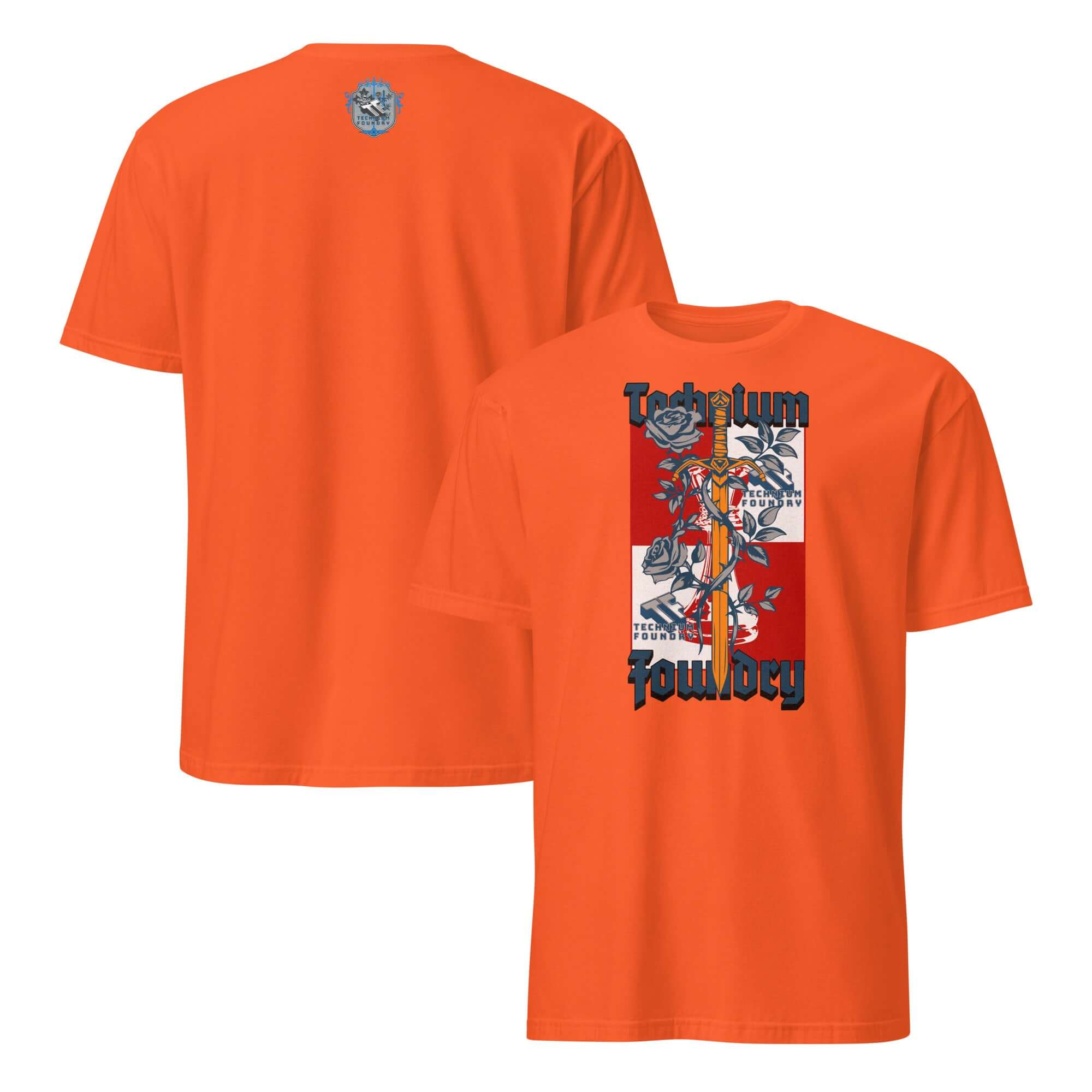 Vibrant Orange Technium Foundry Logo T-Shirt with Intellectual Emblem Design