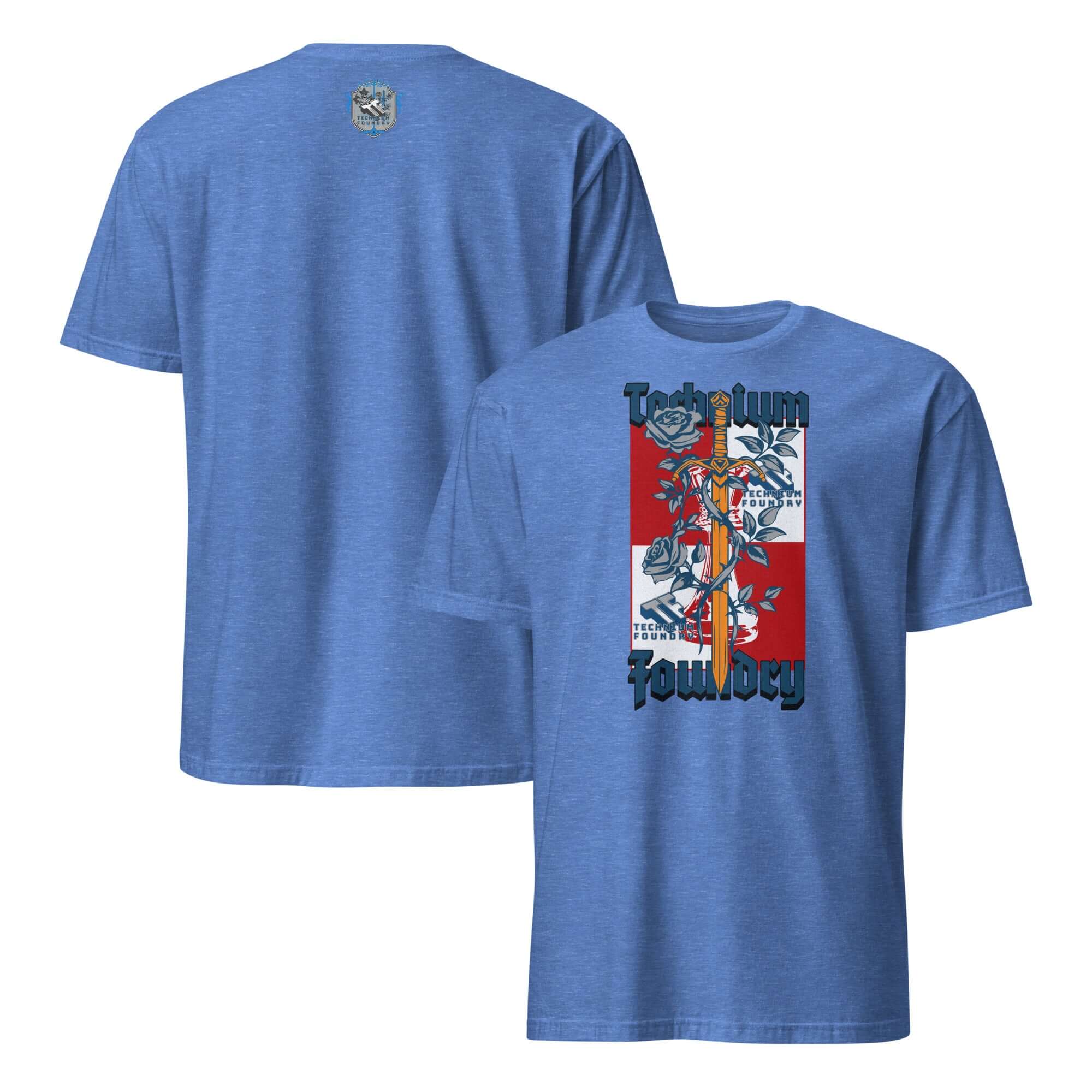 Blue Technium Foundry Logo T-Shirt with intellectual emblem and vibrant red and blue design on the front.