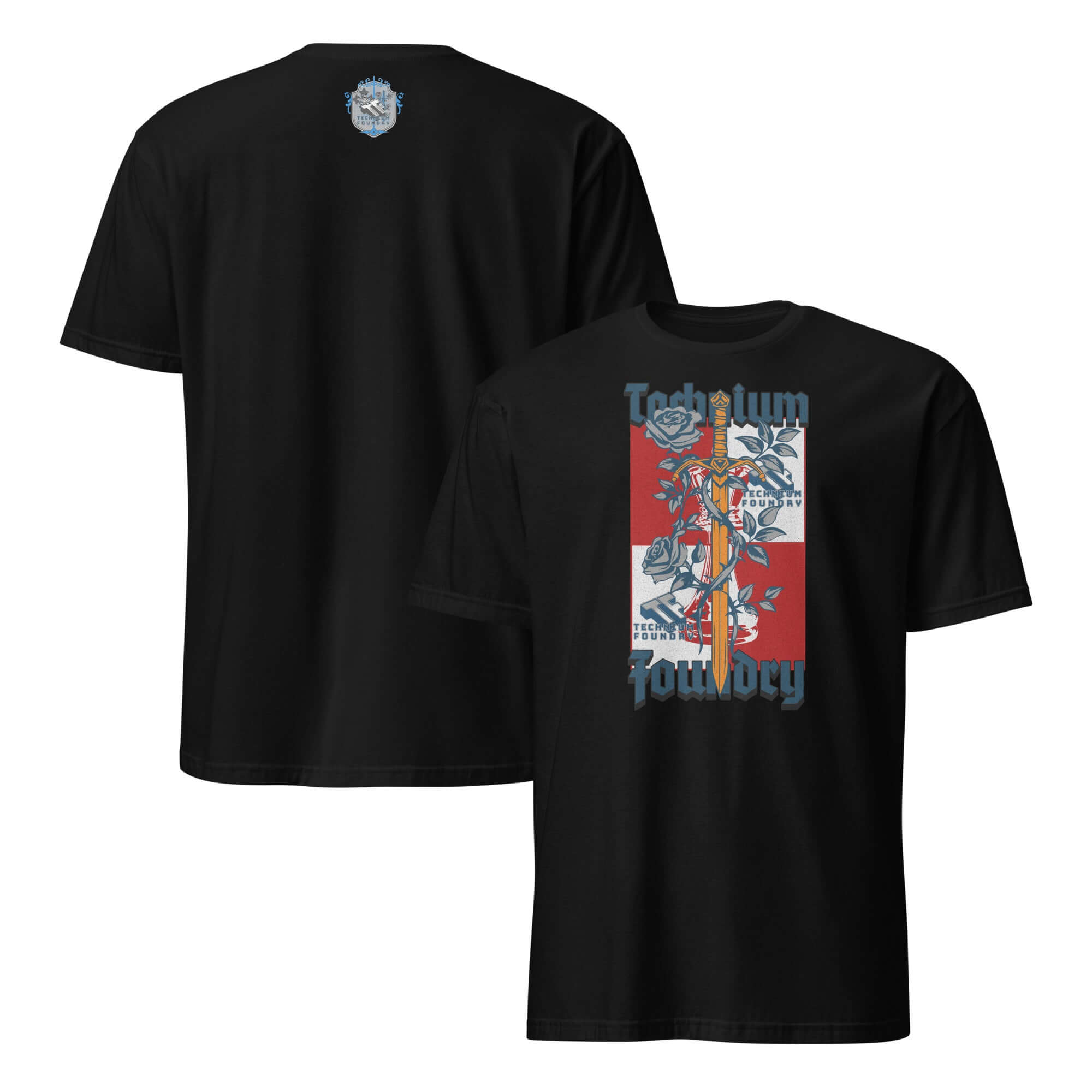 Front and back of black Technium Foundry Logo T-Shirt featuring vibrant orange intellectual emblem design.