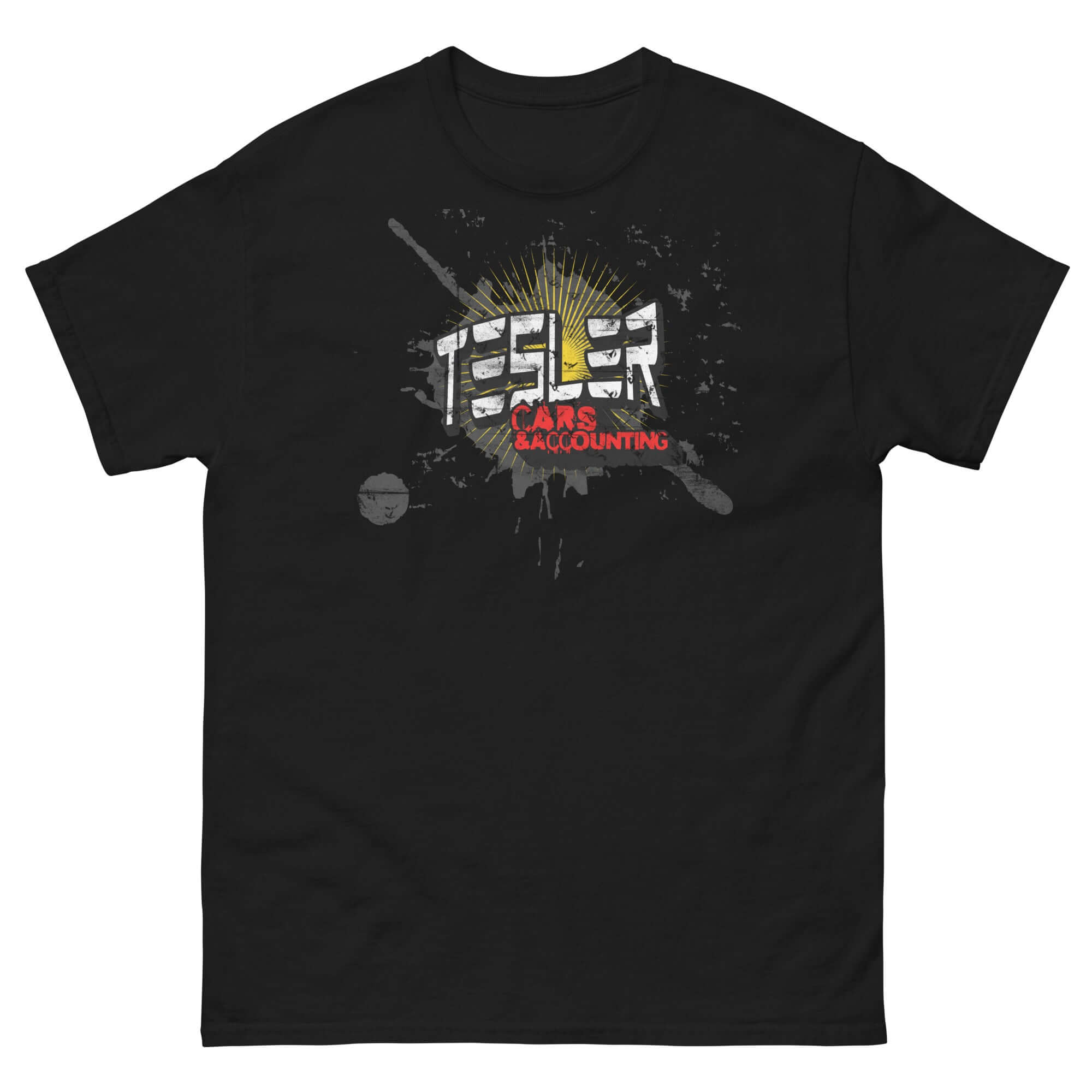Tesler Cars & Accounting T-Shirt, Tesla parody, black shirt with playful logo blending electric cars and accounting theme.