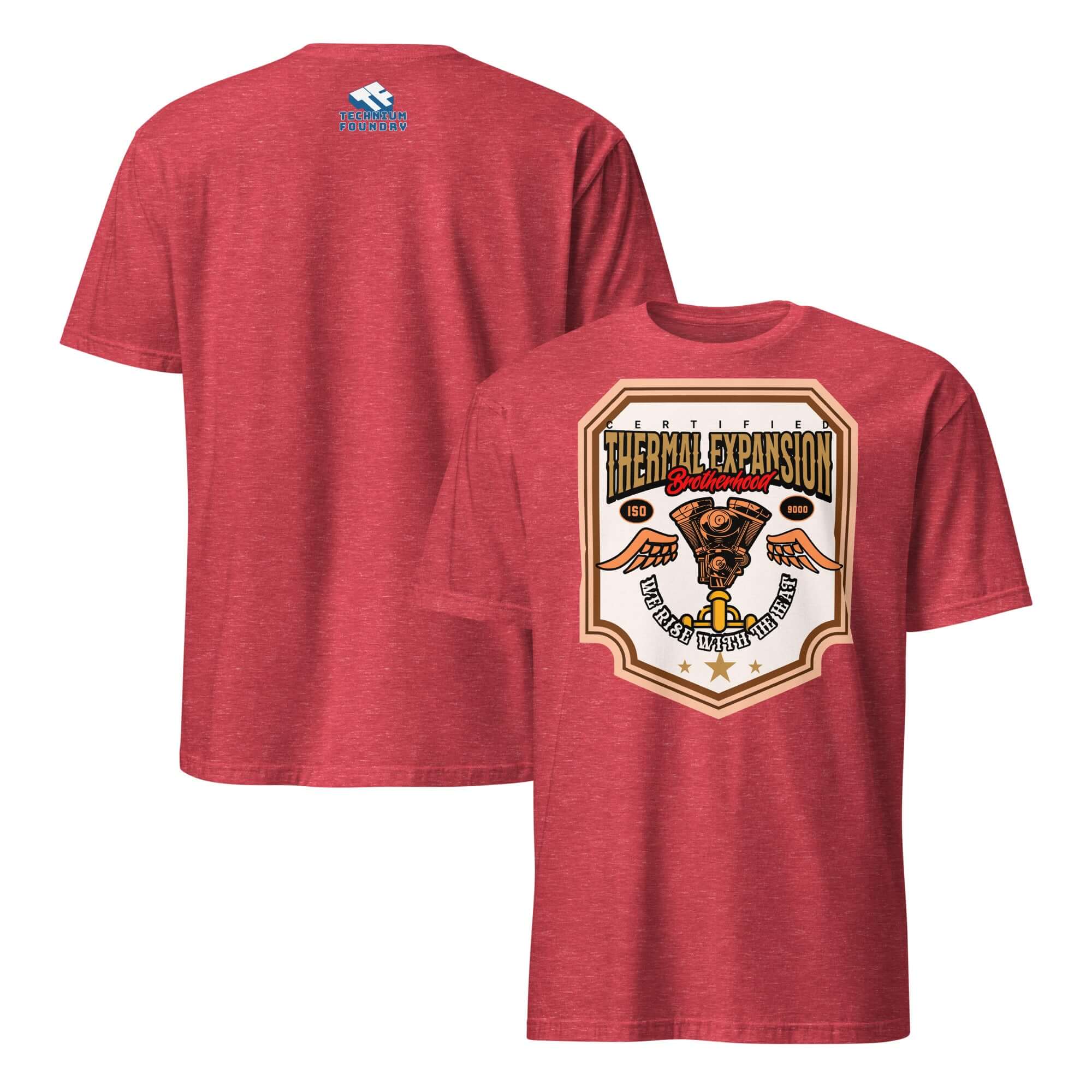 Red Thermal Expansion Brotherhood T-shirt featuring a vintage V-twin engine and wings design, perfect for motorcycle and science enthusiasts.