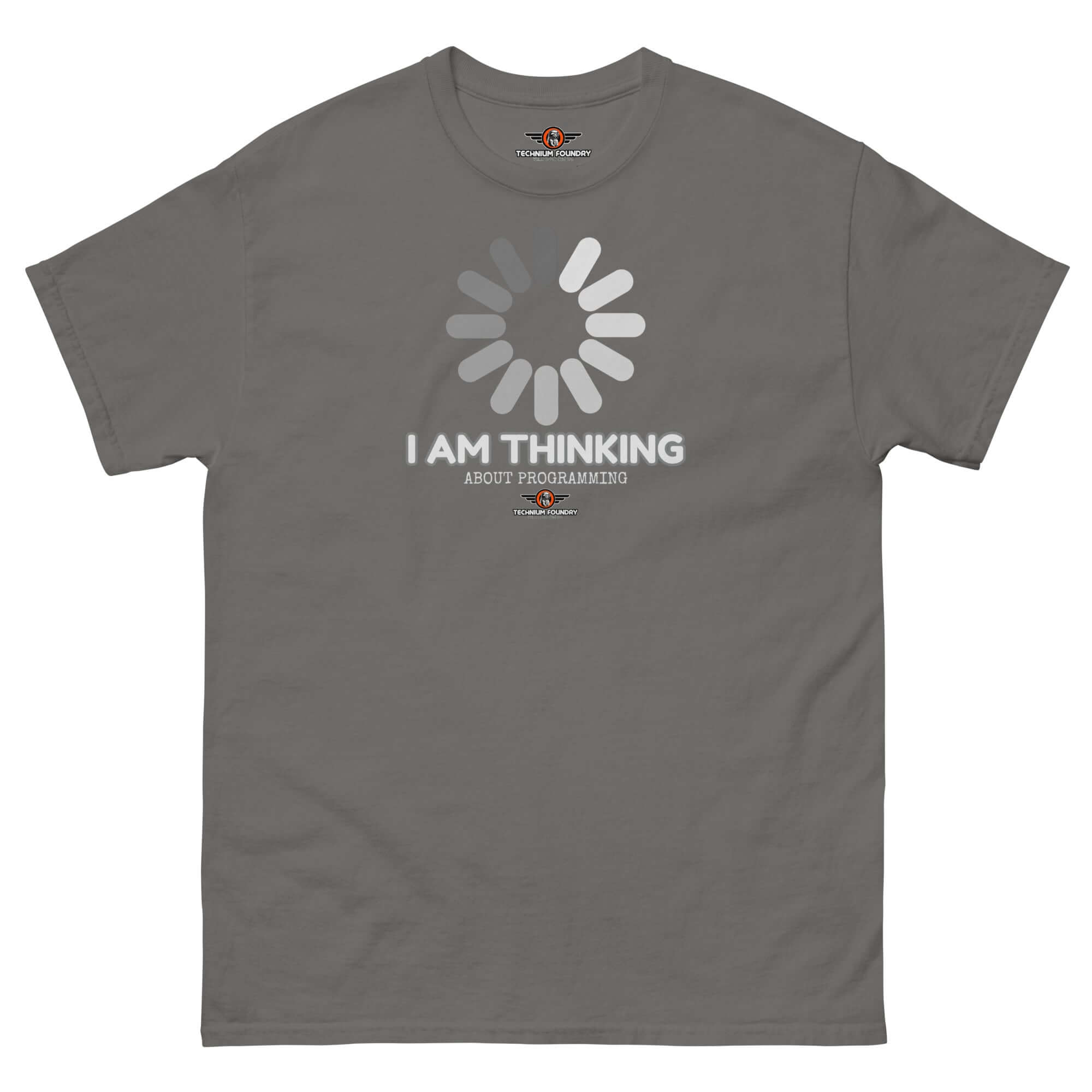 Gray "I Am Thinking About Programming" t-shirt with loading screen design, perfect for developers in a coding state of mind.