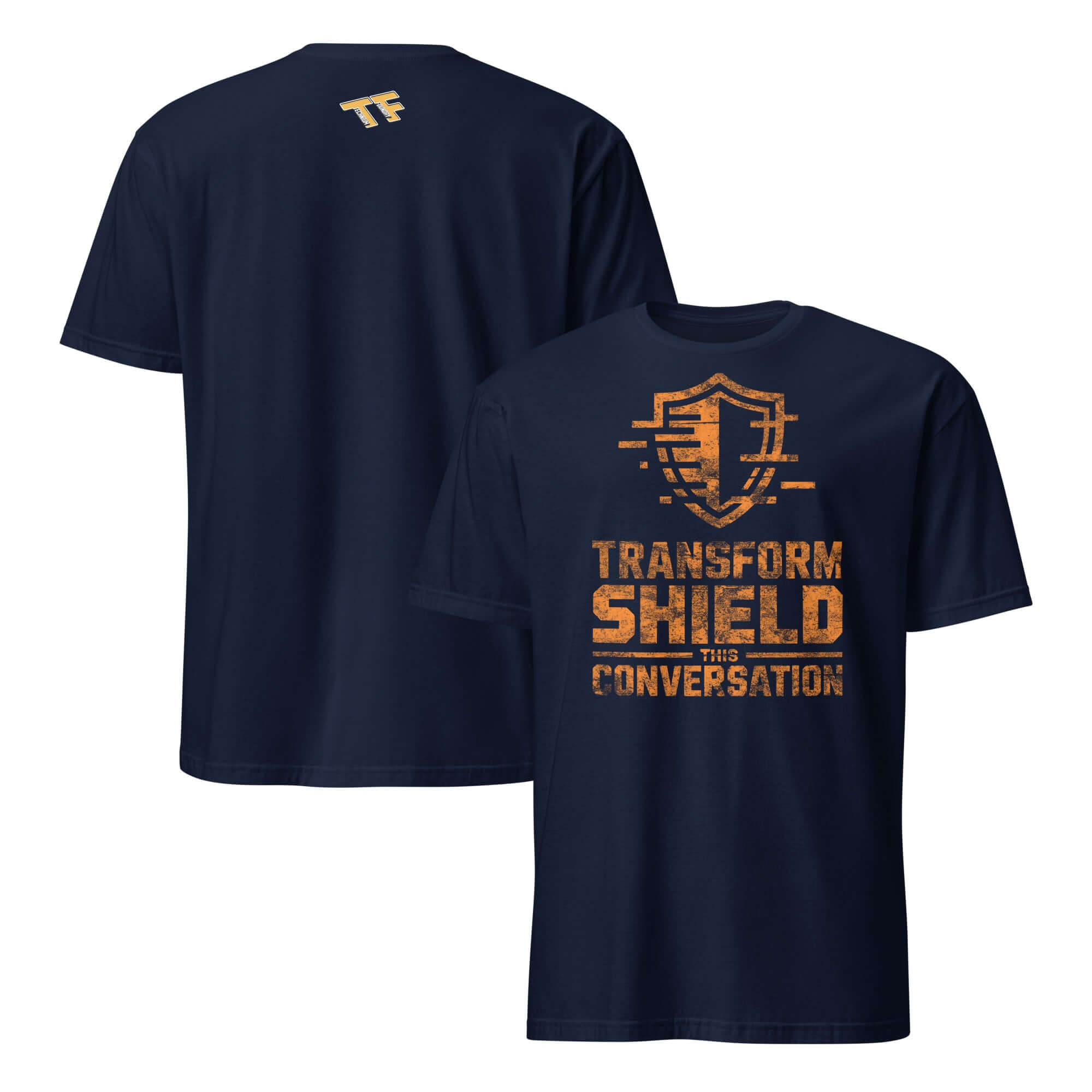 Transform Shield This Conversation T-Shirt, gaming humor, social defense apparel, COD Mobile Defender Class, navy color.
