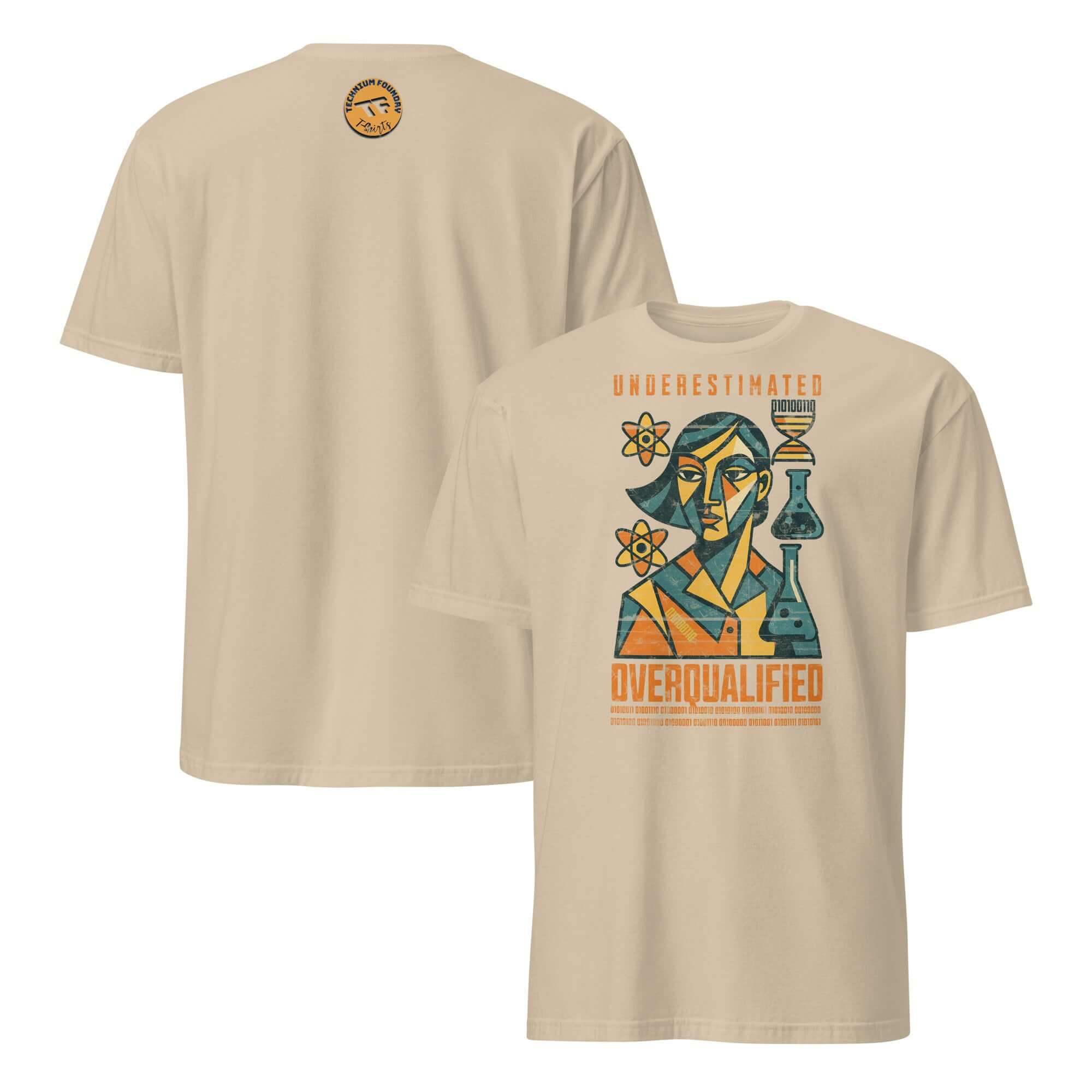 STEM T-Shirt featuring 'Underestimated Overqualified' design, empowering women in science with artistic binary code elements.