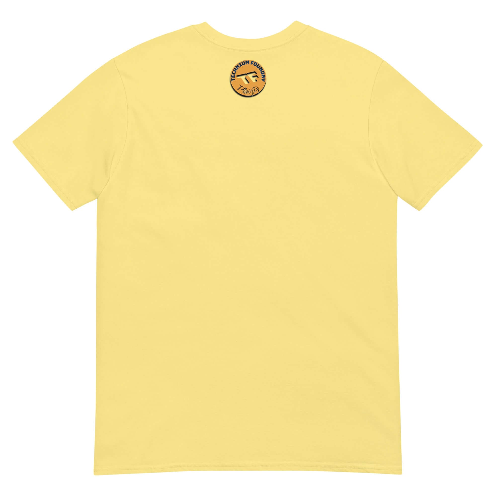 Yellow STEM T-shirt featuring 'Underestimated Overqualified' empowerment slogan with binary code design on back.