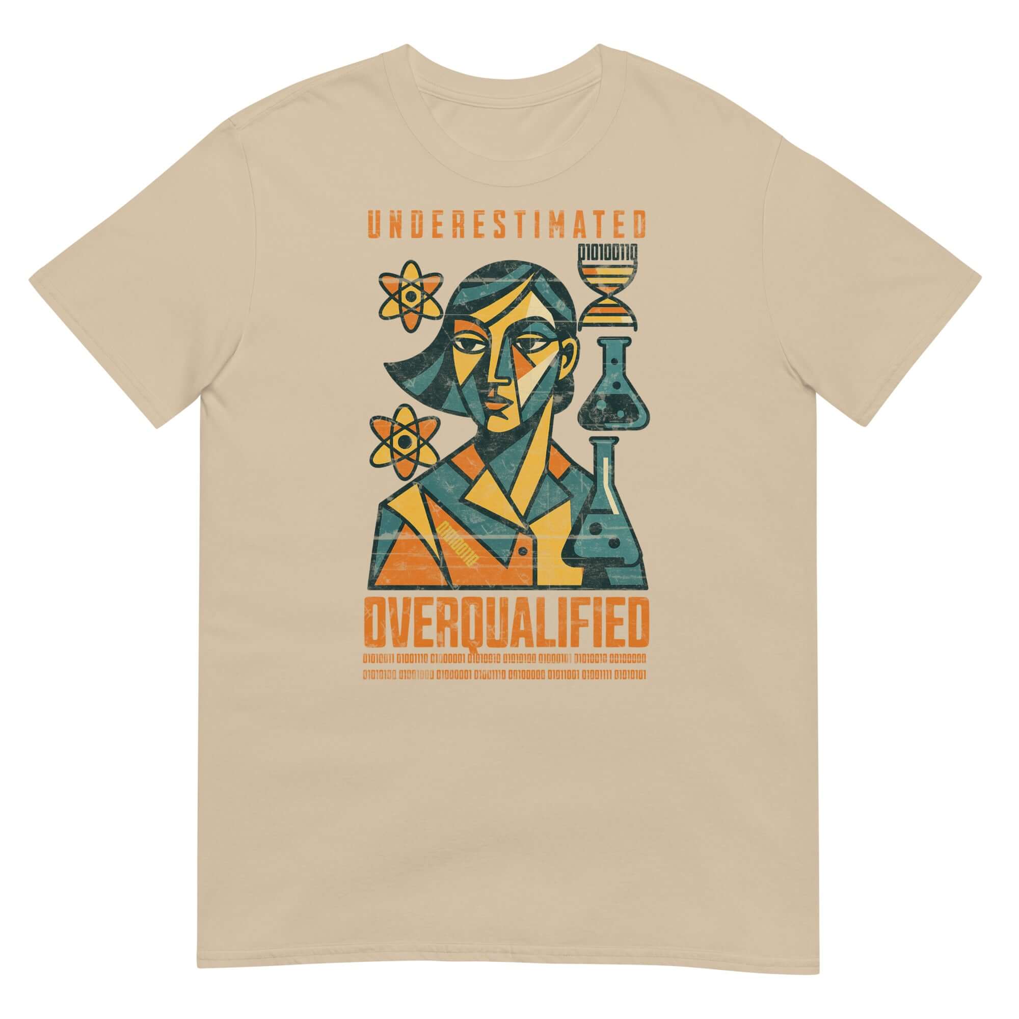 Underestimated Overqualified Women STEM T-Shirt with science and empowerment theme in a unique illustration design.