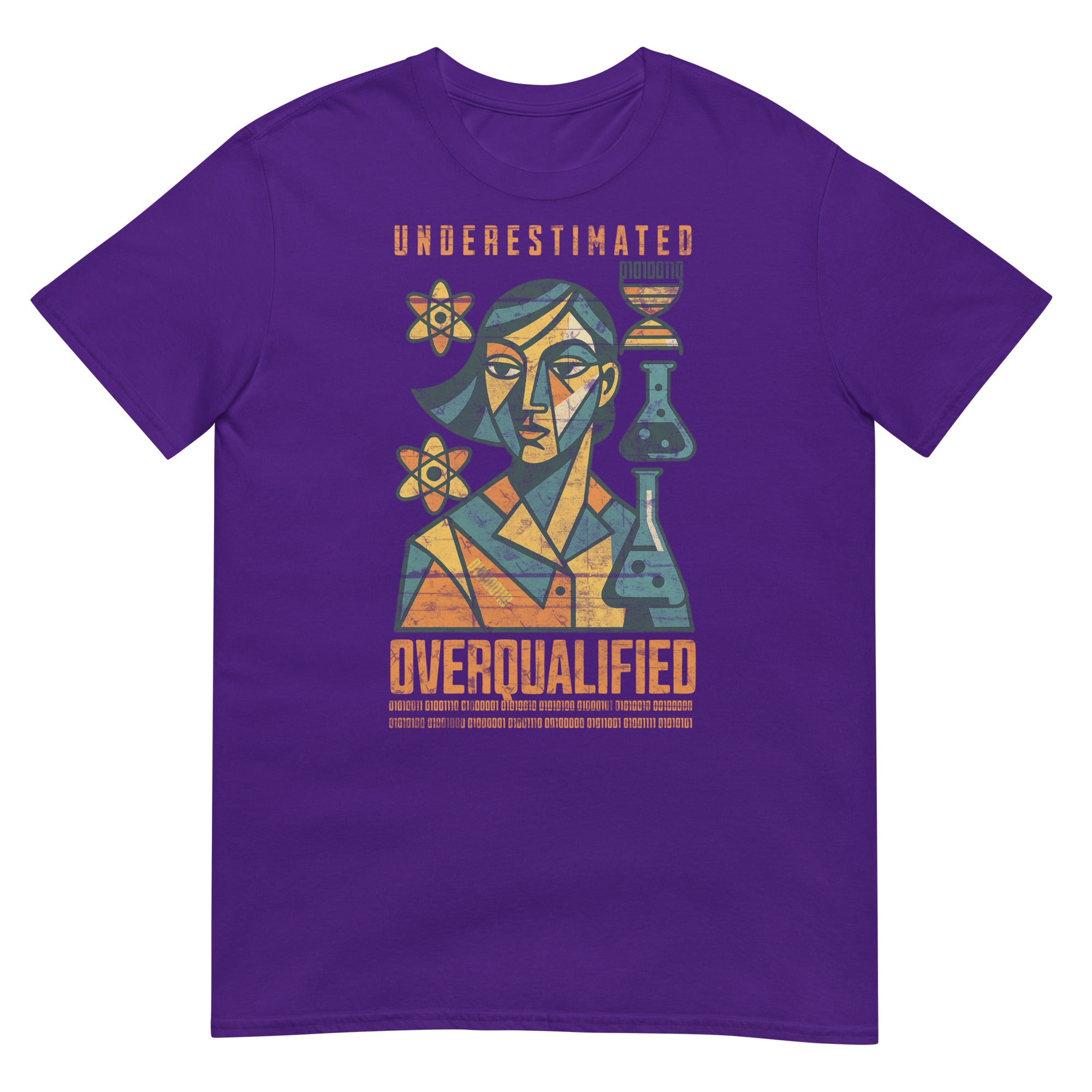 Purple STEM t-shirt featuring 'Underestimated Overqualified' slogan with binary code and science-themed art for women empowerment.