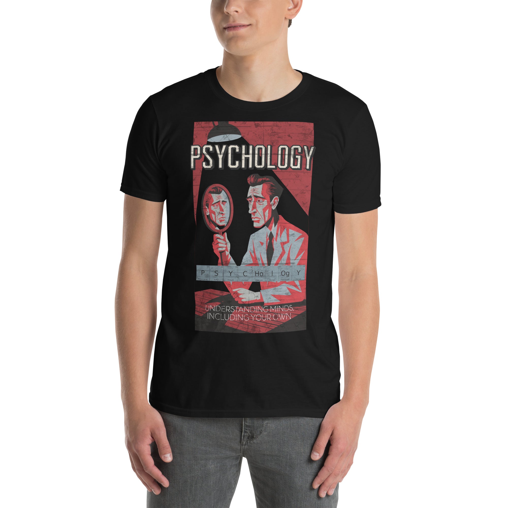 Model wearing a Psychology T-Shirt with vintage design, exploring the concept of understanding minds, including your own.