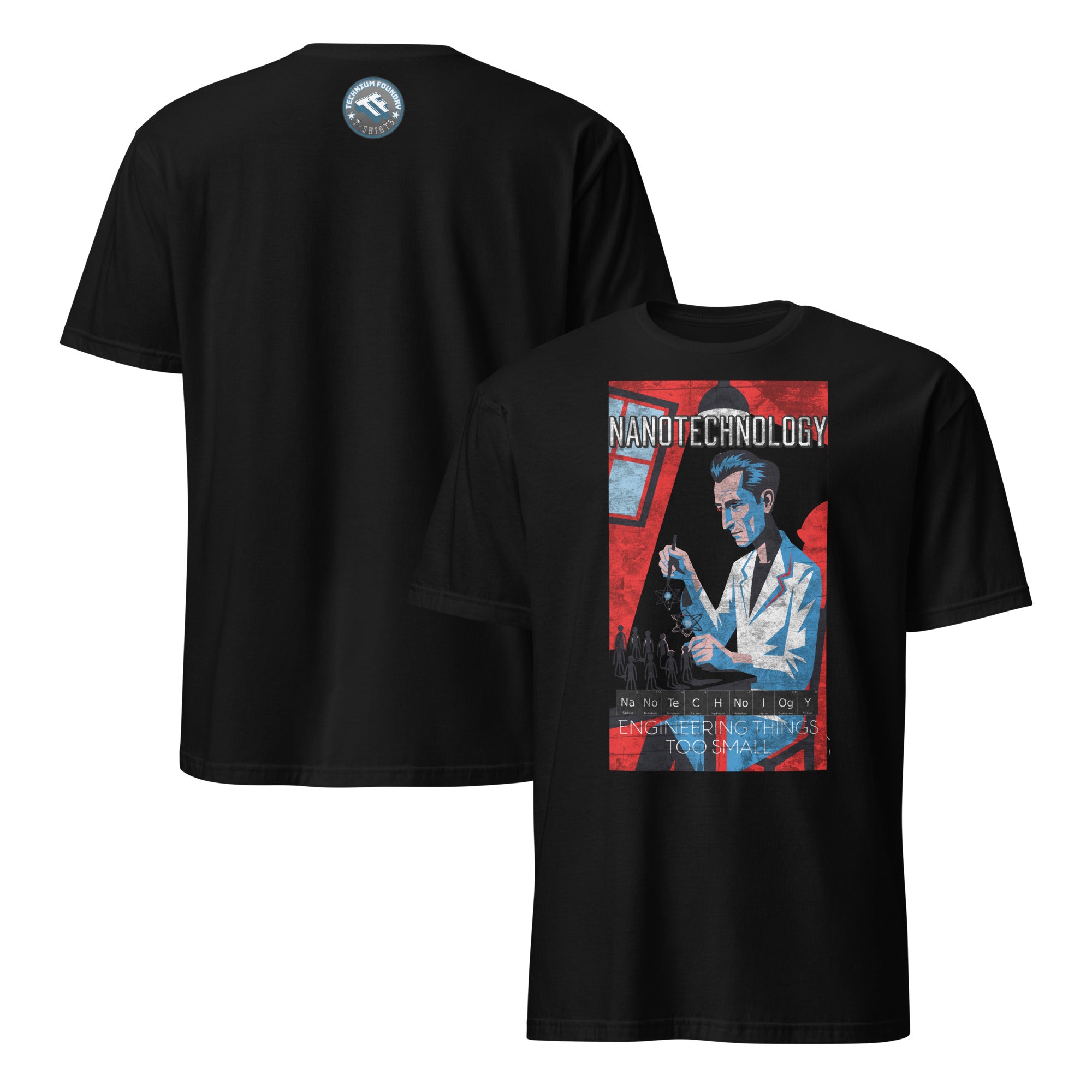 Black Nanotechnology T-Shirt with a vintage molecular workshop design celebrating precise engineering and scientific innovation.