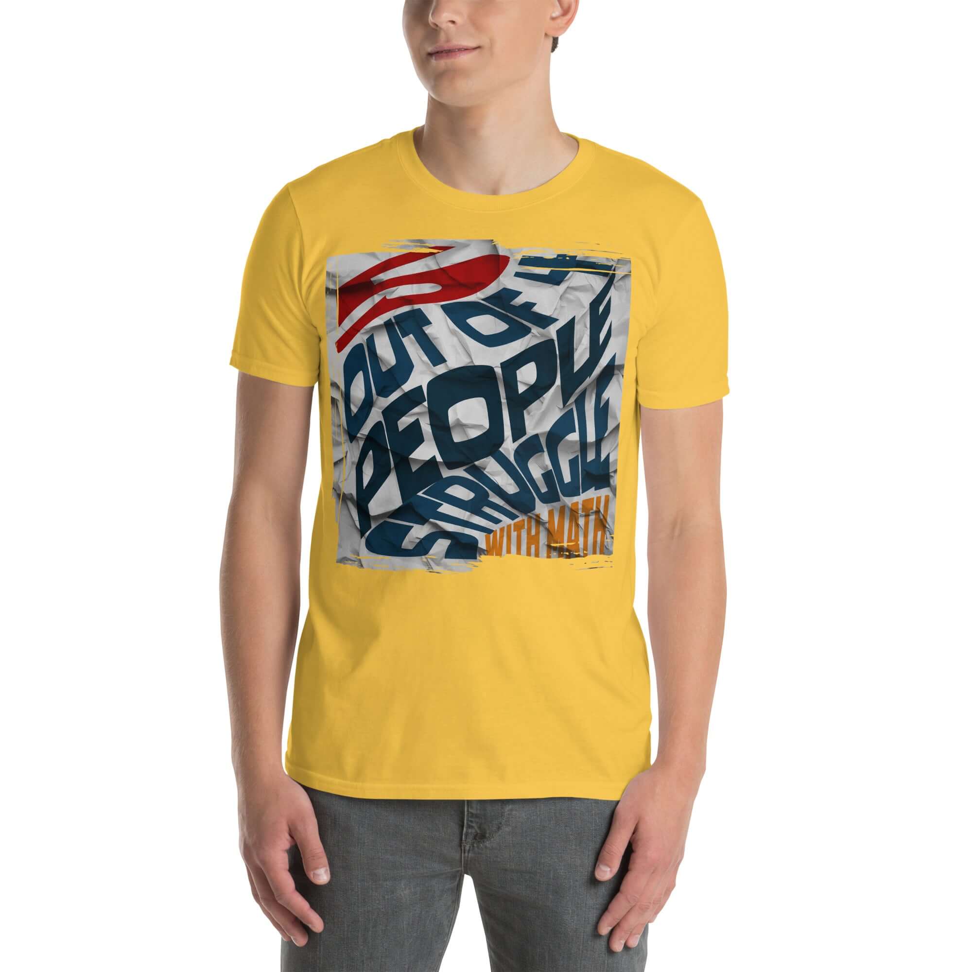 Yellow t-shirt with '5 Out Of 4 People Struggle With Math' humorous math paradox design, perfect for math enthusiasts.