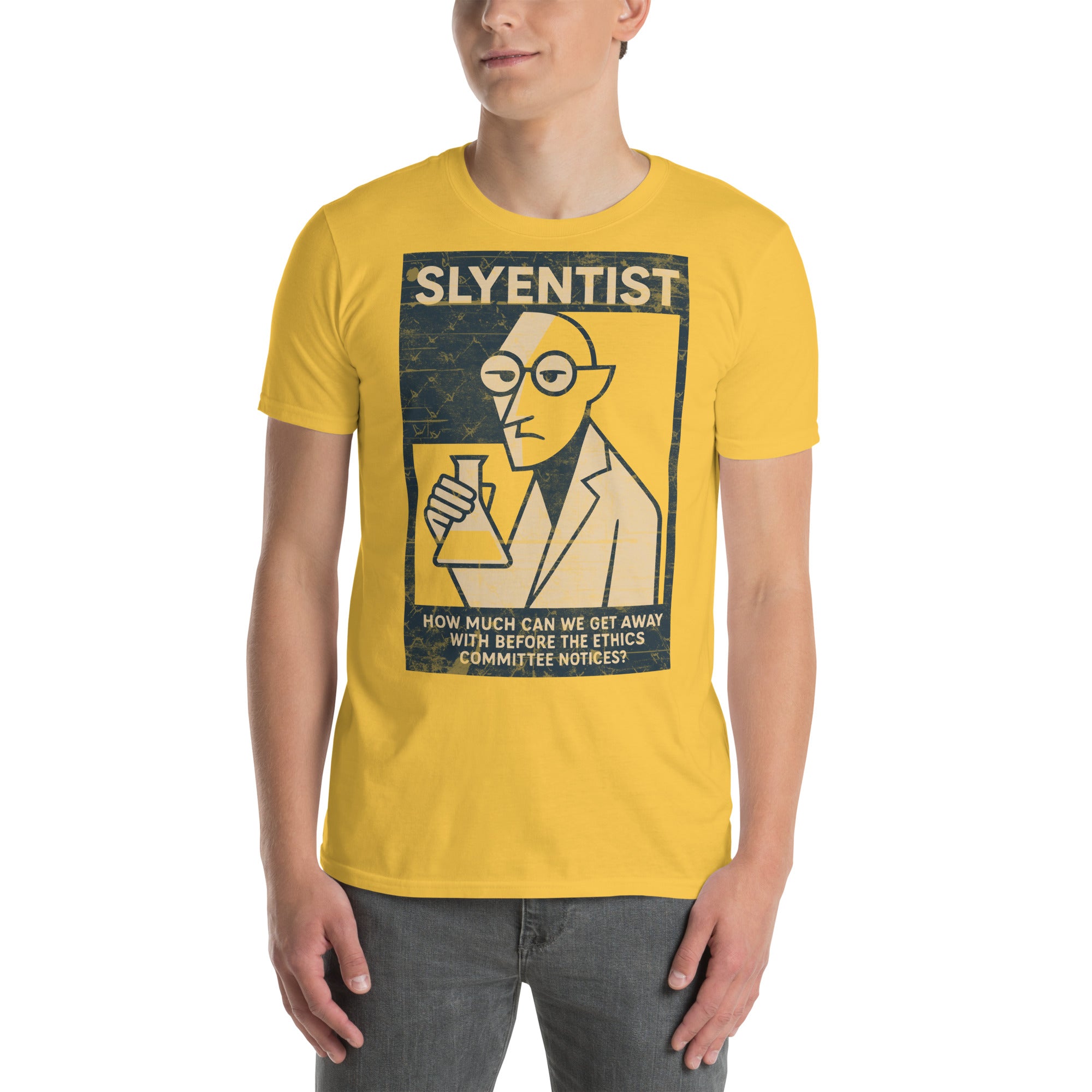 Yellow 'I Am A Sly-entist' T-shirt with scientific humor artwork, featuring a sly scientist illustration with text.