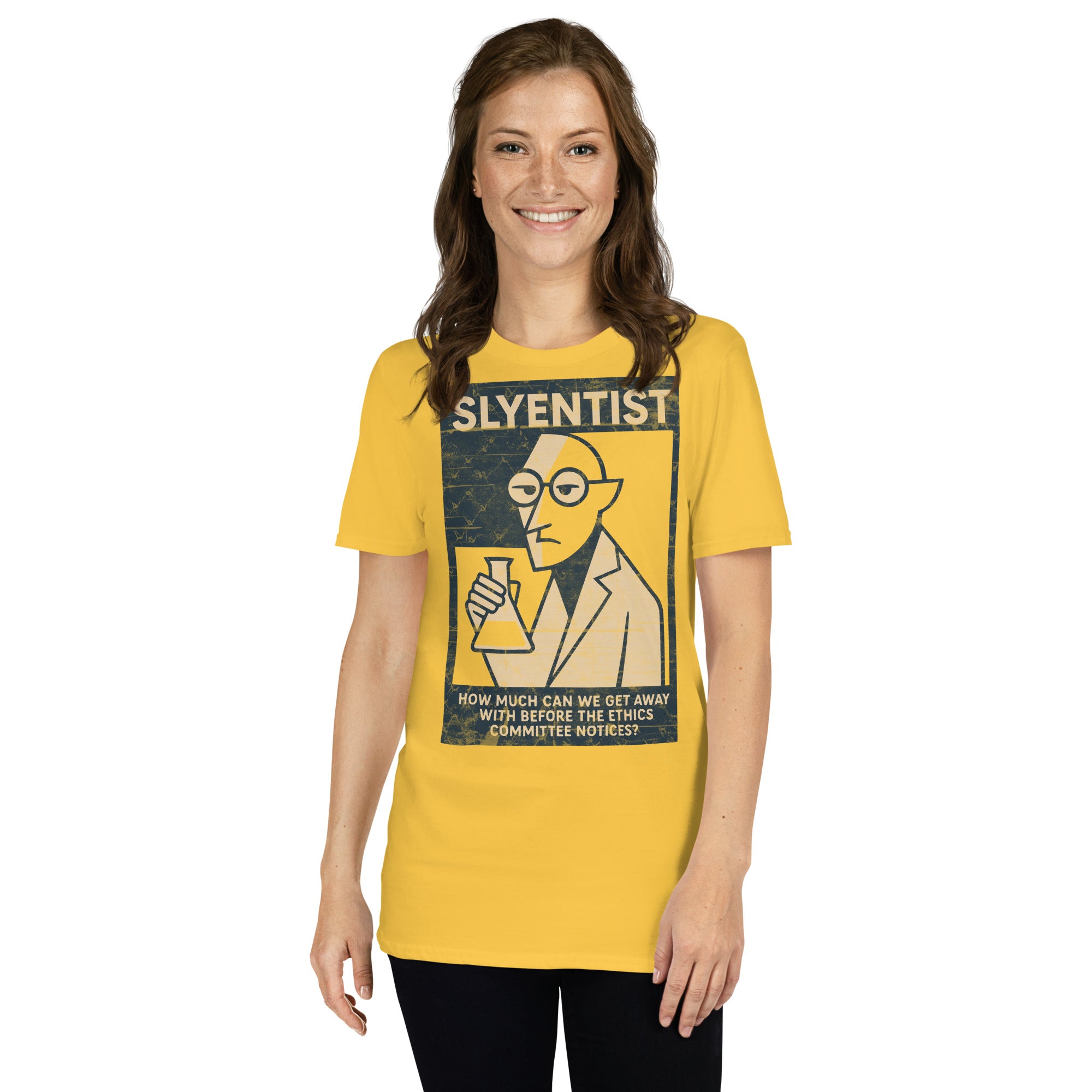 Woman wearing a yellow 'I Am A Sly-entist' T-shirt with scientific humor graphic and text.