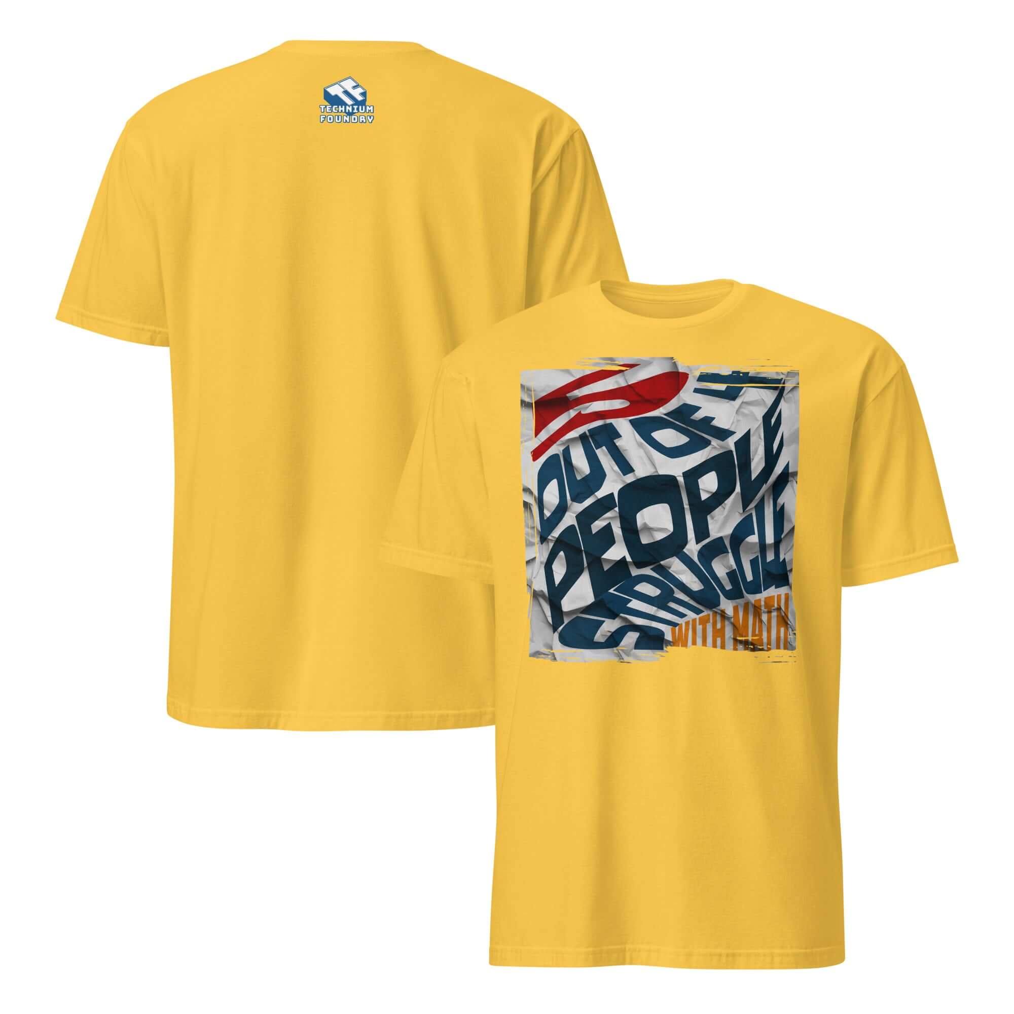 Yellow t-shirt with '5 Out Of 4 People Struggle With Math' design, showcasing mathematical humor and paradox.