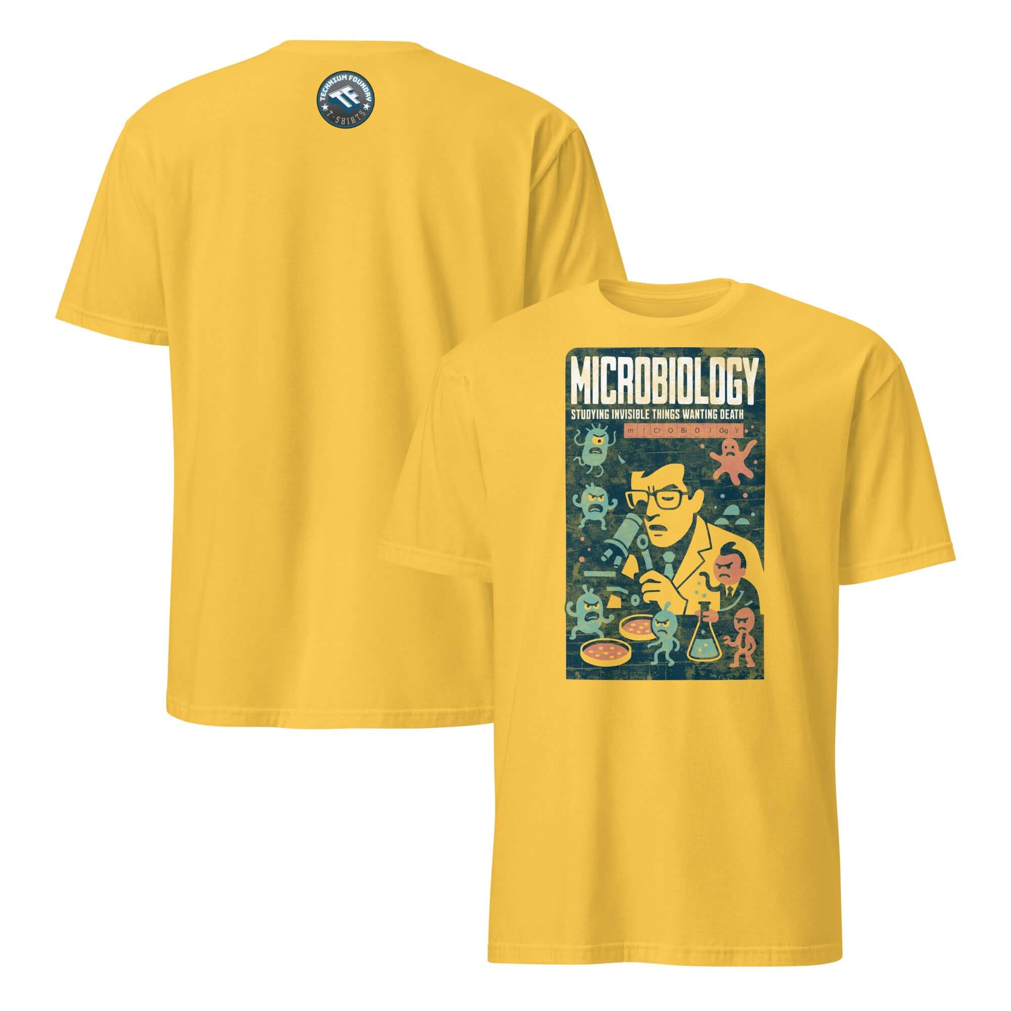 Yellow Microbiology T-Shirt featuring humorous design of a scientist studying angry microscopic entities.