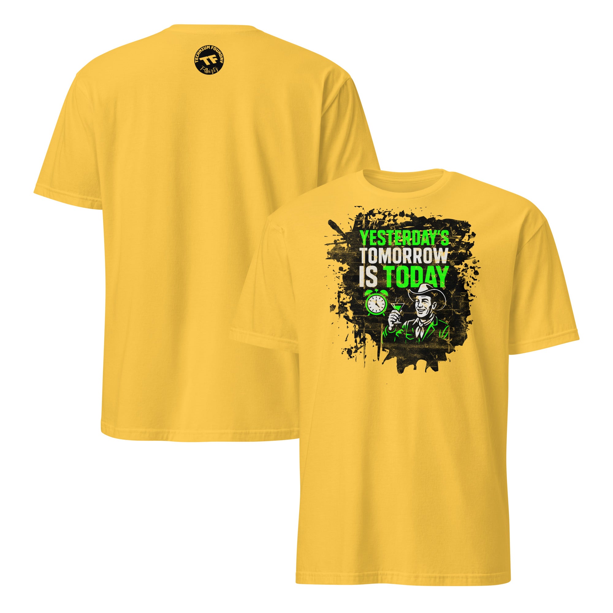 Yellow t-shirt with 'Yesterday's Tomorrow Is Today' dystopian design in green and black, featuring industrial theme and distressed text.
