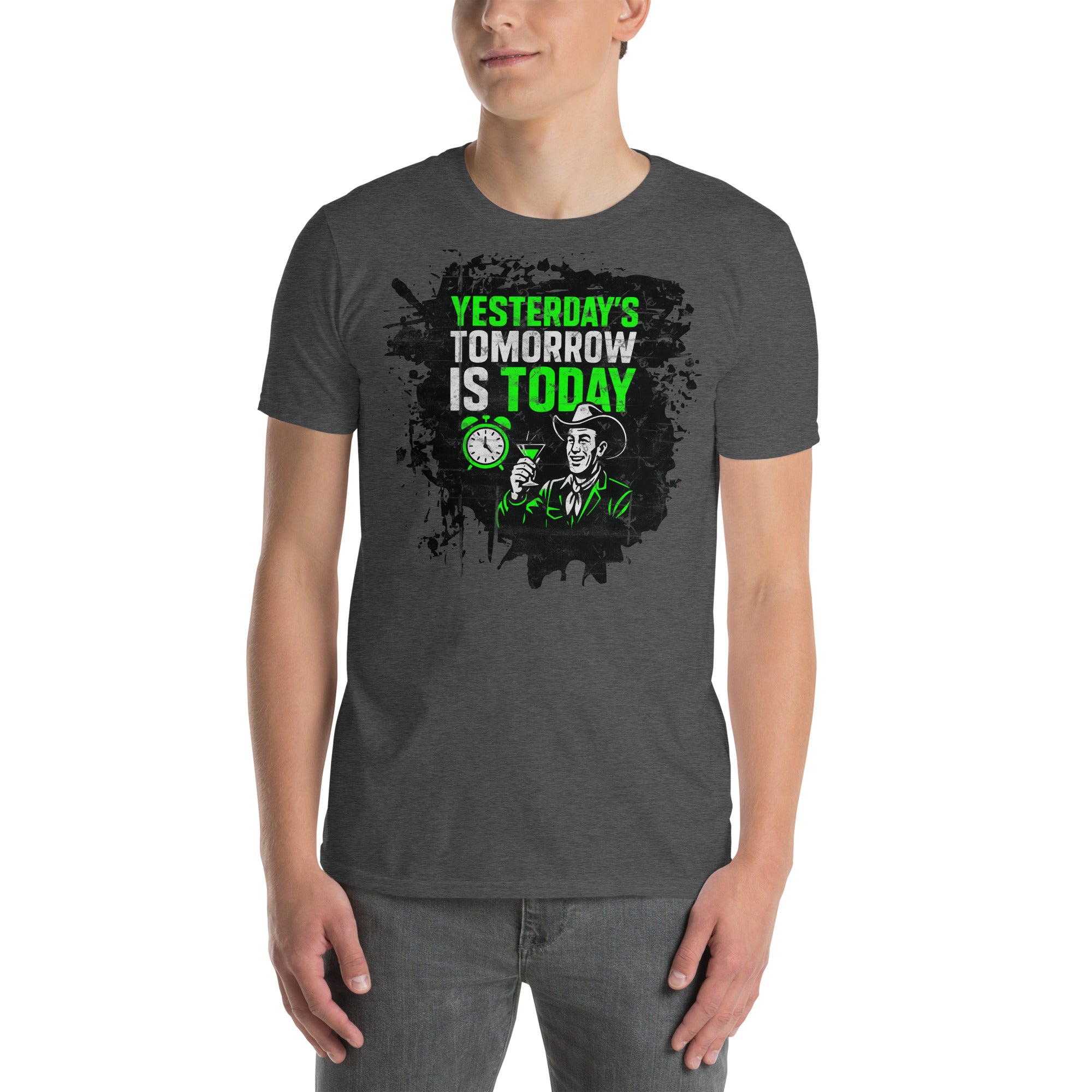 Man wearing "Yesterday's Tomorrow Is Today" dystopian t-shirt with green typography and dark abstract design.
