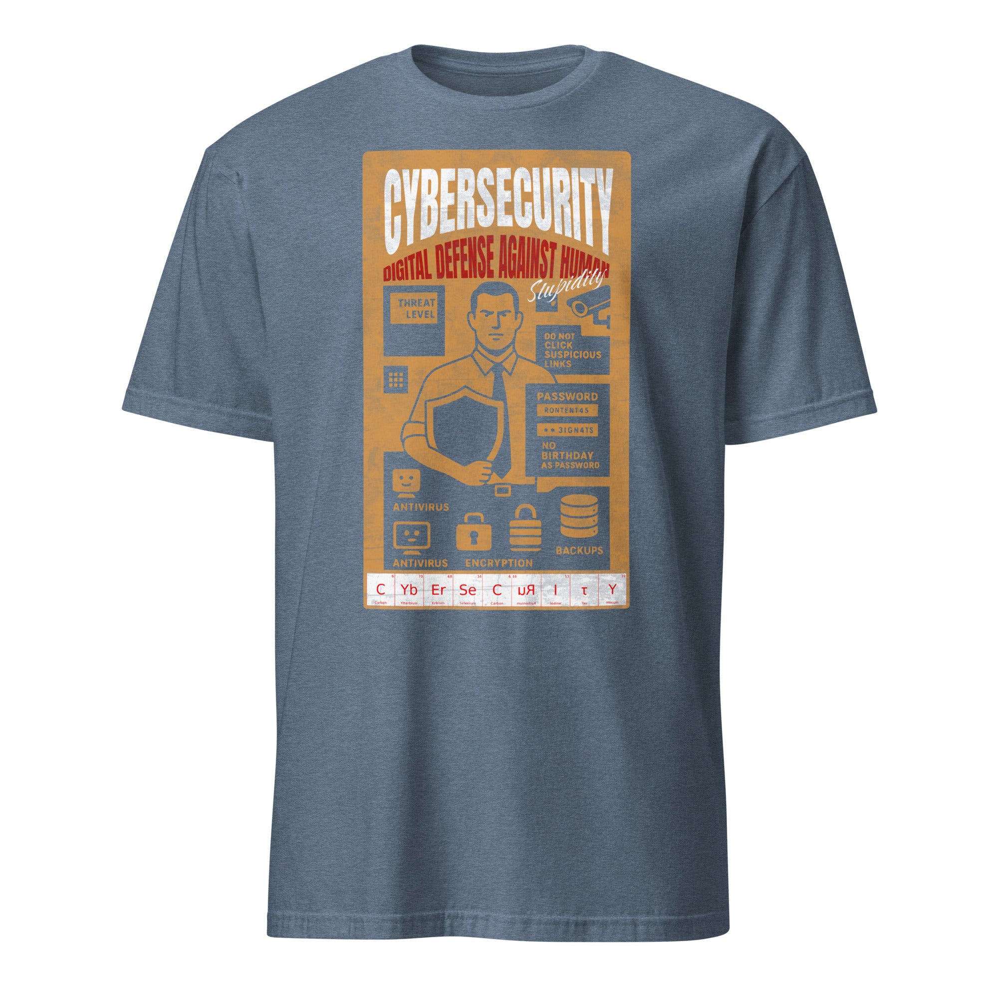 Cybersecurity T-Shirt with Retro Digital Defense Poster Design on Gray Fabric