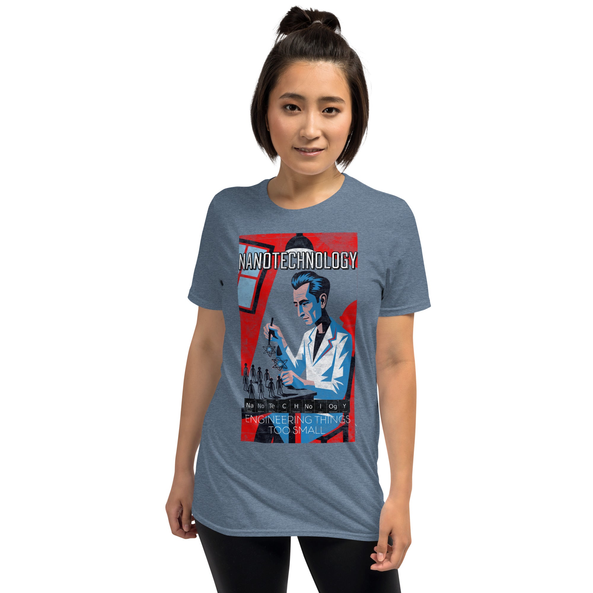 Nanotechnology T-Shirt featuring vintage molecular workshop design, worn by a woman, celebrates precise atom engineering.