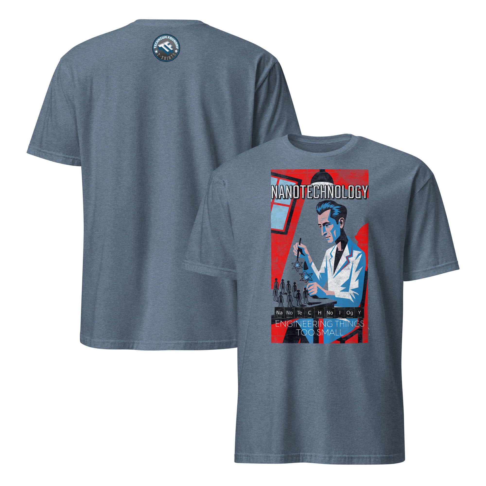 Nanotechnology T-shirt with vintage molecular workshop design, featuring scientist in retro lab coat, promoting precision engineering.