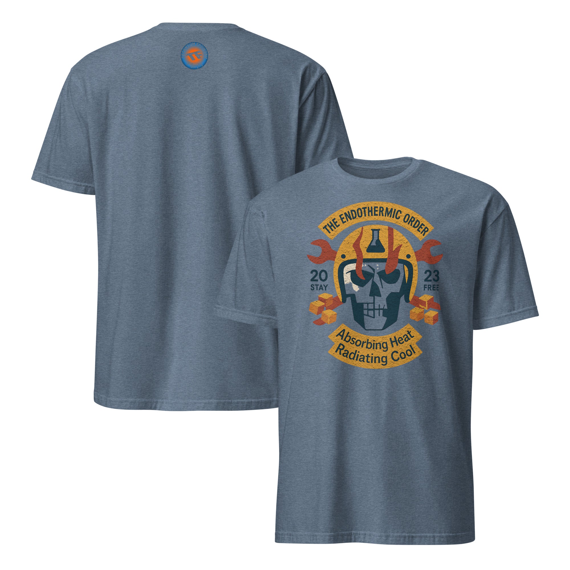 The Endothermic Order Motorcycle Club T-Shirt with skull, helmet, and temperature gauge design by Thermodynamic Apparel.