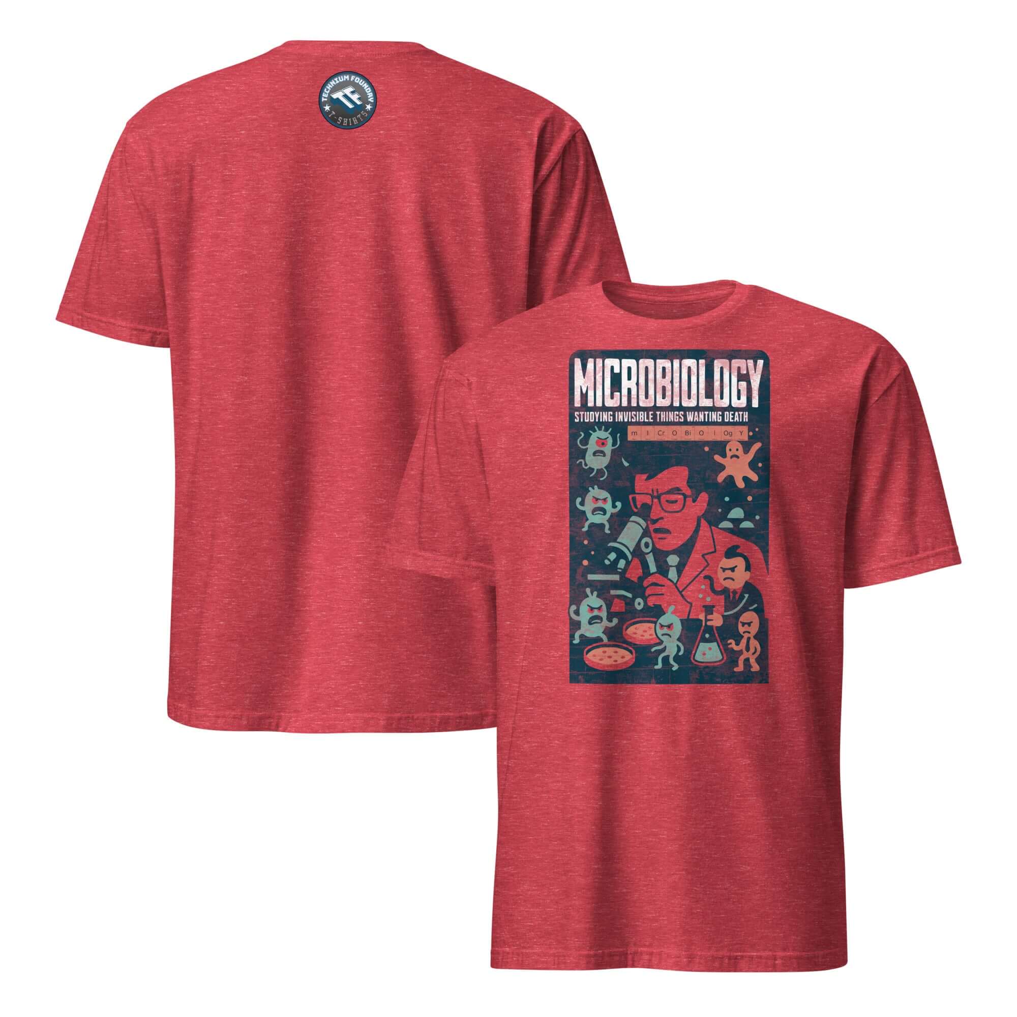 Red Microbiology T-Shirt with comic-style design, featuring a scientist battling tiny microscopic entities, captioned 'Studying Invisible Things Wanting Death'.