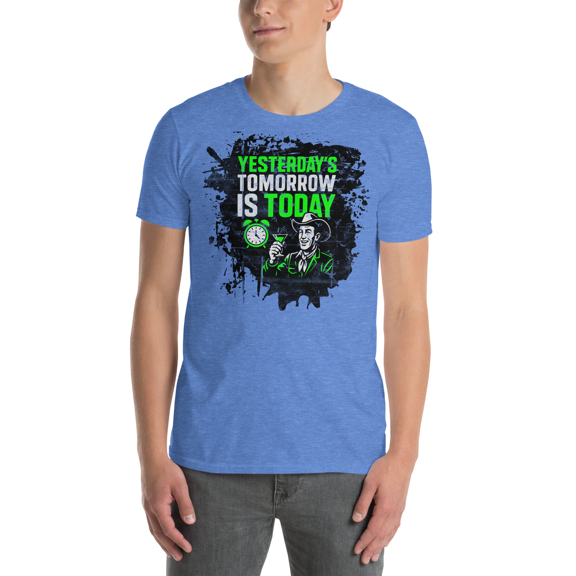 Blue "Yesterday's Tomorrow Is Today" t-shirt with dystopian design and green distressed text.
