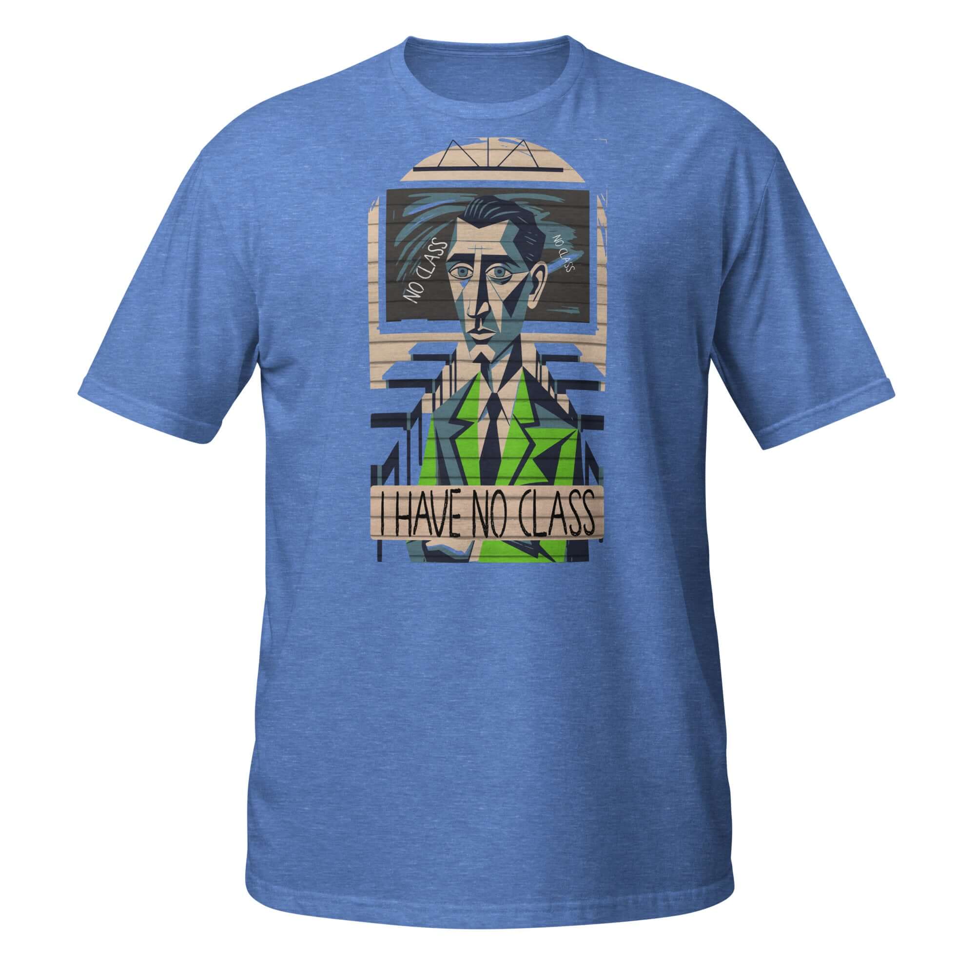 "I Have No Class" blue T-shirt featuring geometric design, humor apparel for teachers with empty classroom theme.