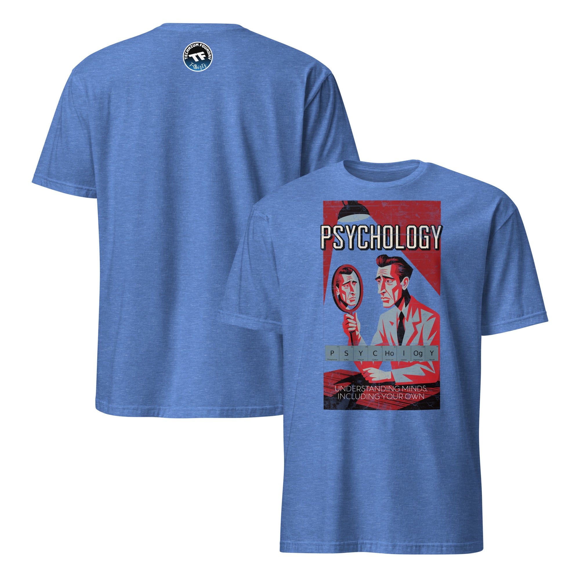 Psychology T-shirt featuring vintage artwork on understanding minds, including your own, in blue fabric with red and white design.