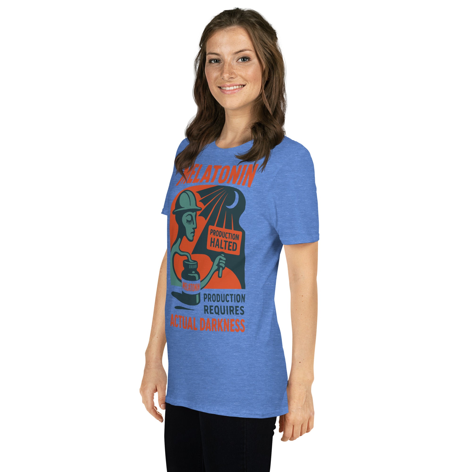 Woman wearing blue Melatonin T-Shirt with industrial sleep design, featuring 'Production Requires Actual Darkness' slogan.